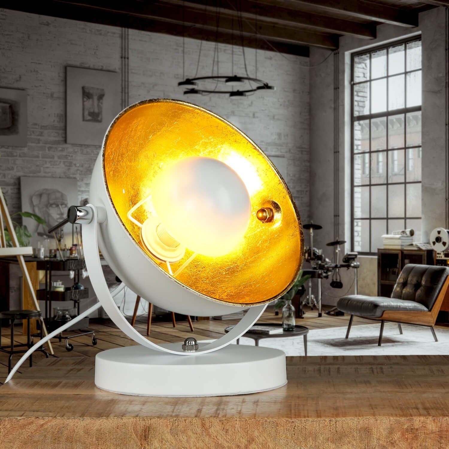 Leuchtmittel, Lampe Halbkugel Licht-Erlebnisse Metall Weiß BARAN, verstellbar Retro E14 Studio Gold ohne Nachttischlampe