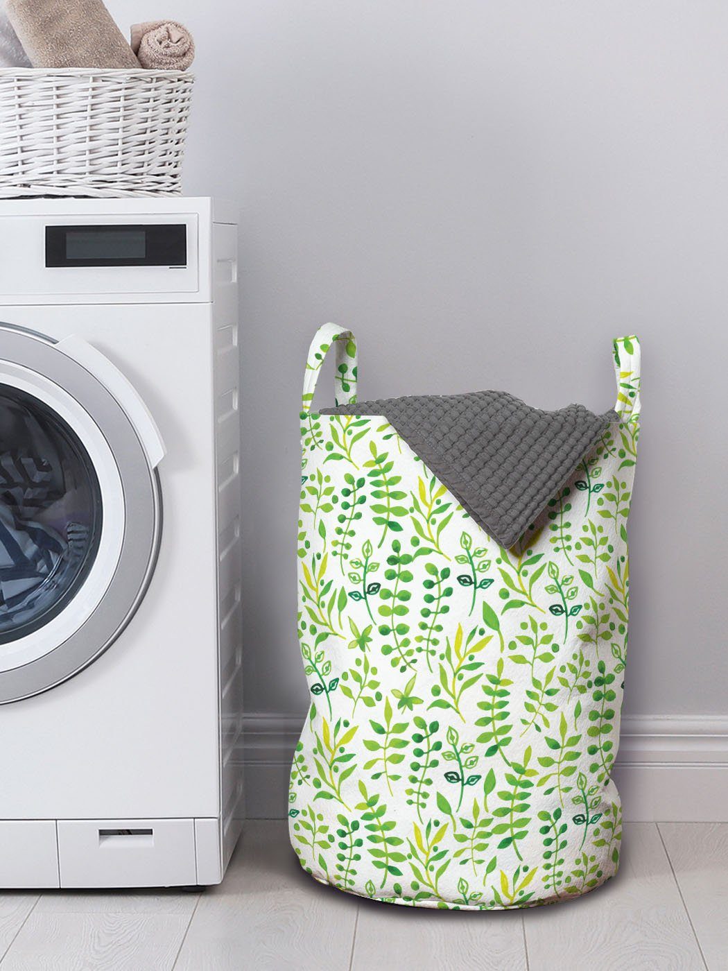 Abakuhaus Wäschesäckchen für und Wäschekorb Waschsalons, Aquarell Griffen Weiß Kordelzugverschluss mit Grün Blätter