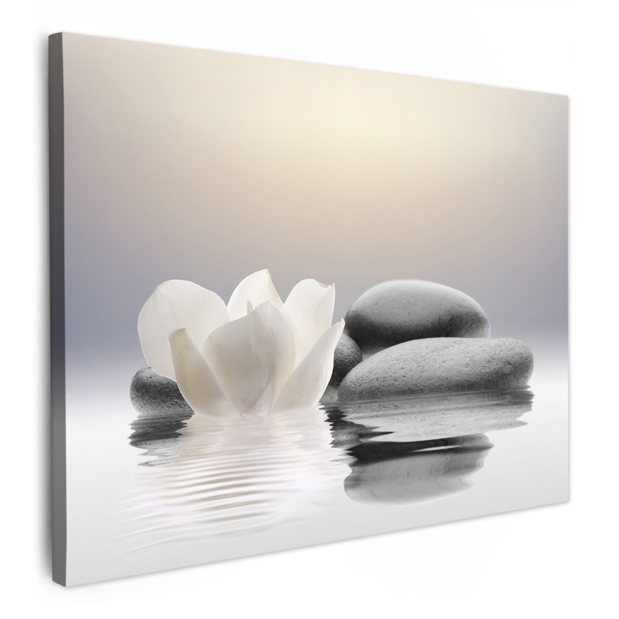 OneMillionCanvasses® Leinwandbild Steine - Lotus - Weiß - Wasser - Zen, Fotodruck (1 St), Badezimmer Deko, Bilder Bad, Gäste WC Wanddeko 80x60 cm