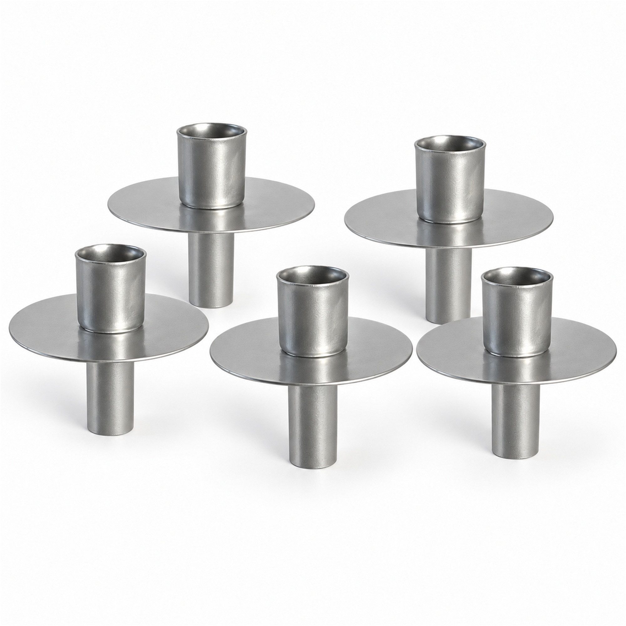 INtrenDU Flaschenkerzenhalter aus Metall in Silber, für Stabkerzen bis Ø 23 mm (5er-Set), mit Tropfschutz-Teller