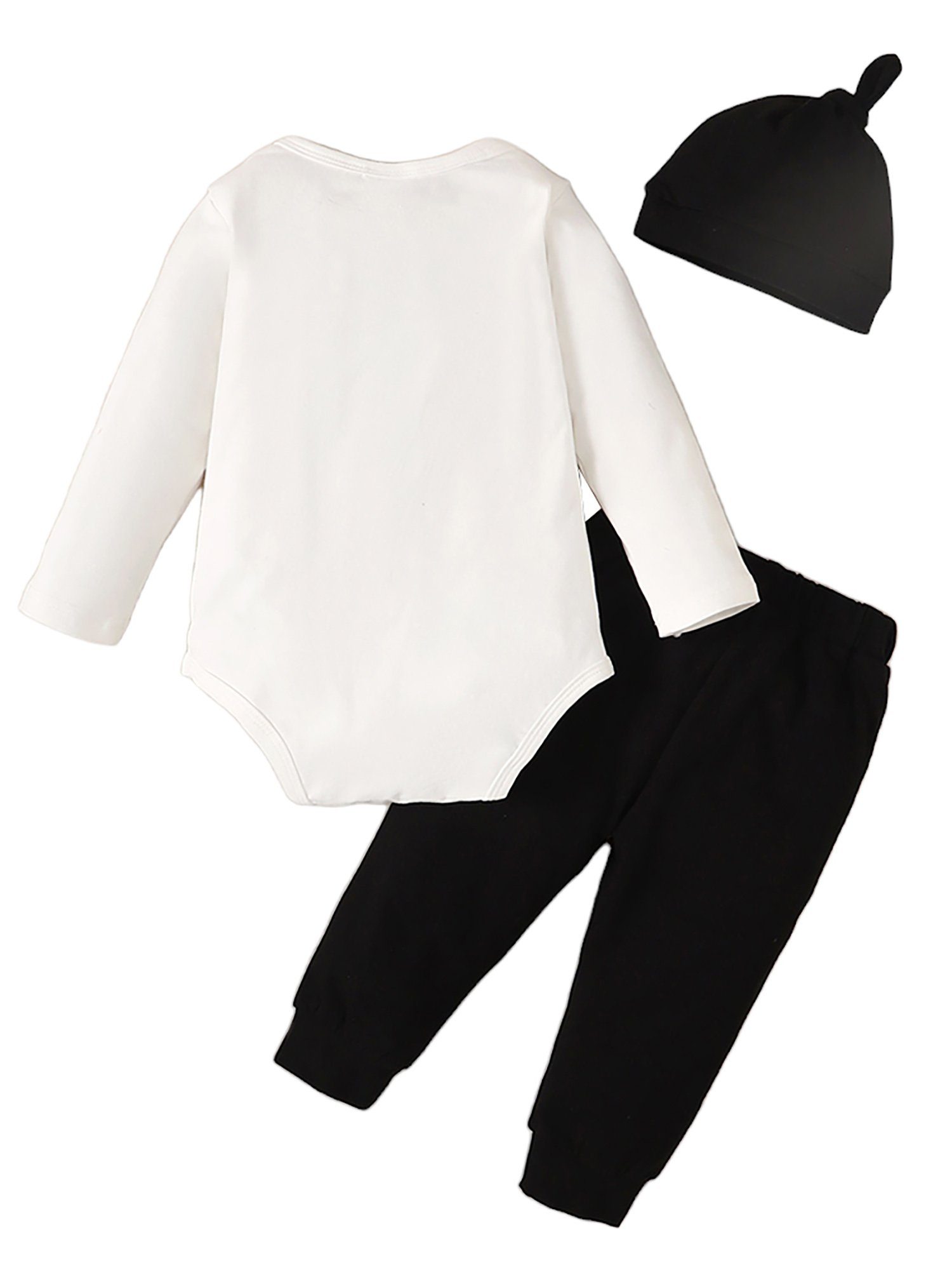Mütze Baby Briefdruck 3-tlg) & Leggings, Shirt, (Set, und Bund Weiß Strampler, Jungen elastischer Lapastyle Hose Jäckchen Mütze,