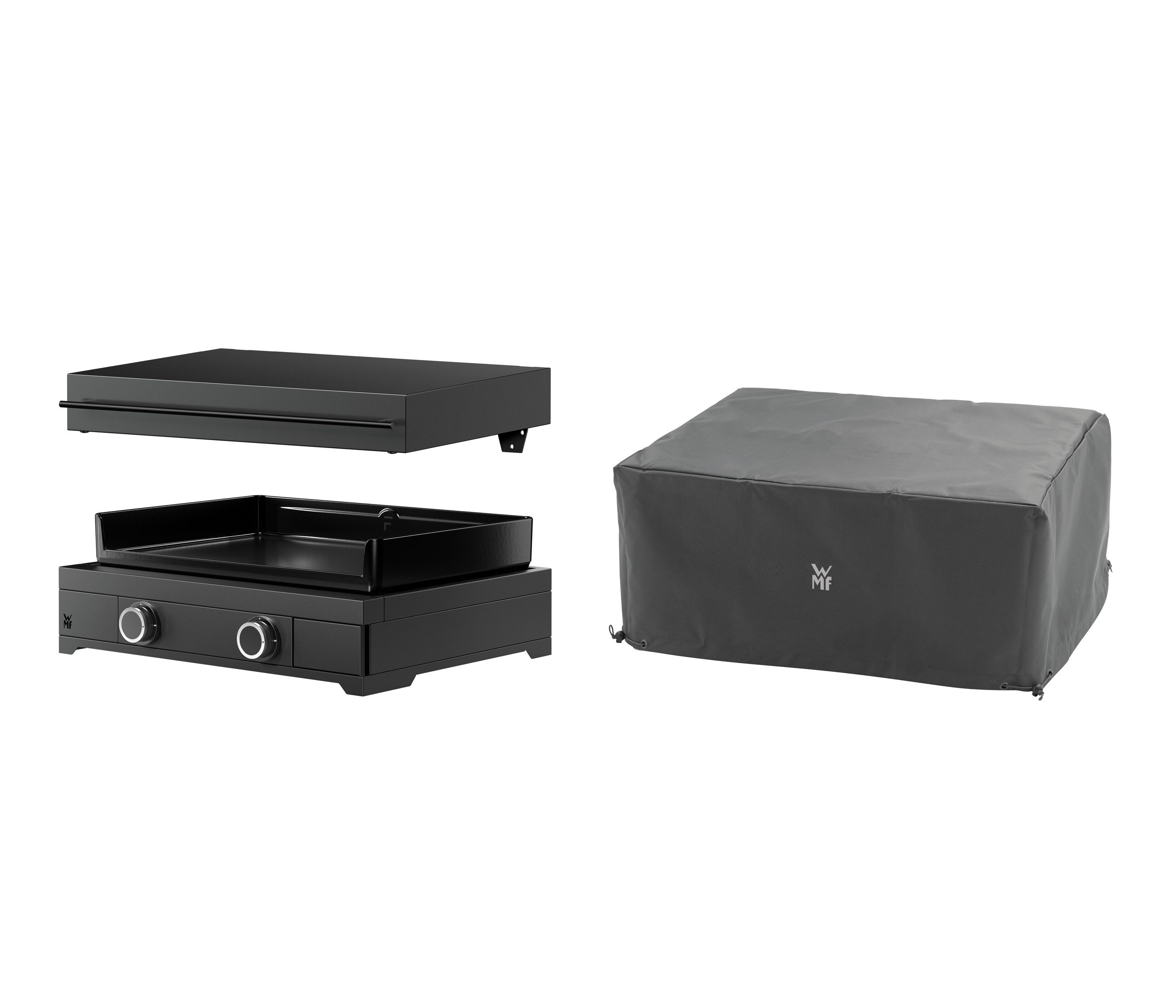 WMF Gasgrill Plancha Set 60G mit Plancha Grill Gas / Planchadeckel / Abdeckhaube, aus emailliertem Gusseisen, mit 2 getrennten Kochplatten