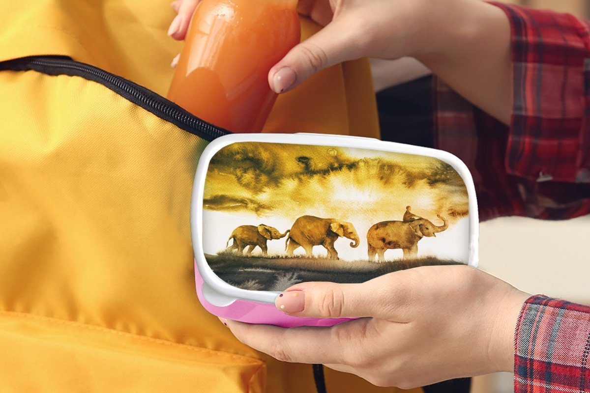 Brotdose Kunststoff MuchoWow - Erwachsene, Gelb, Snackbox, für Lunchbox Brotbox Mädchen, rosa Elefanten (2-tlg), Kunststoff, Aquarell Kinder, -