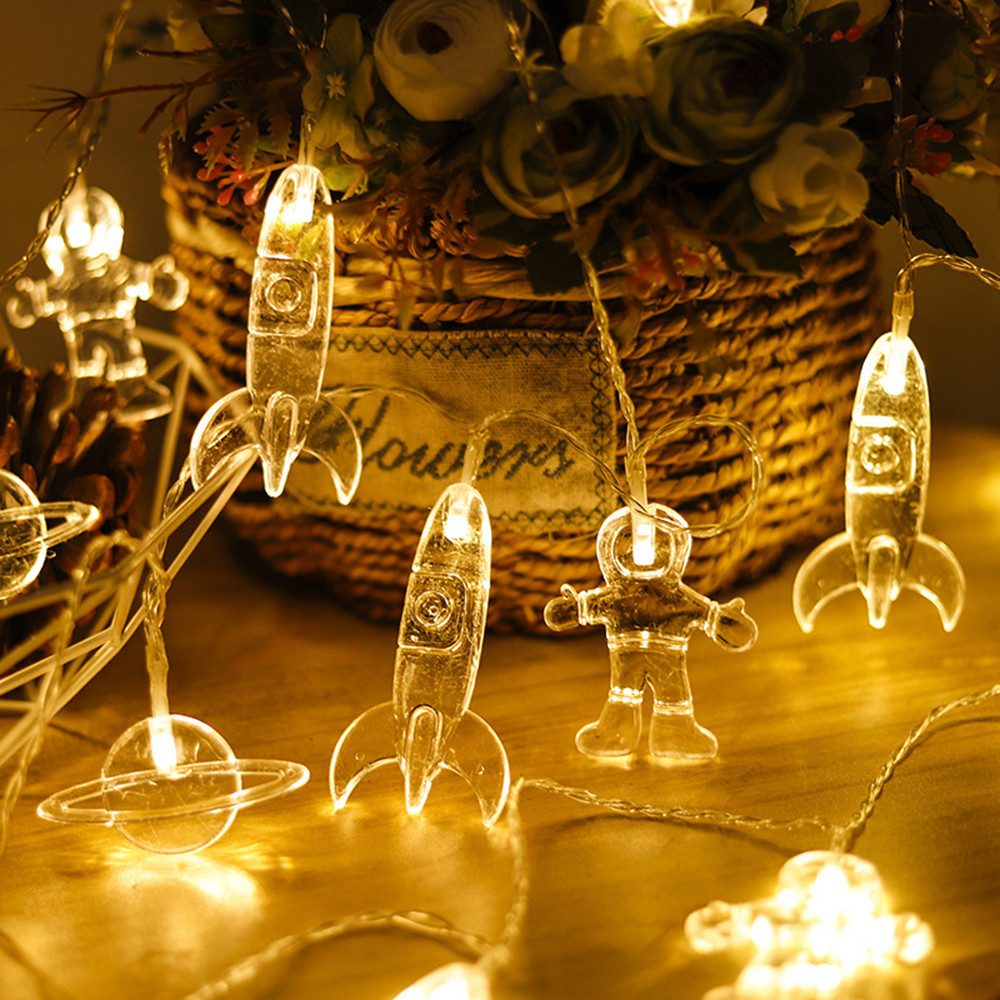 Qualra LED-Lichterkette 10/20LEDs Astronaut Rakete Raumschiff Lichterkette Weihnachtsdeko, 2/3M Batterie Weltall Geschenke für Kinder Schlafzimmer Party