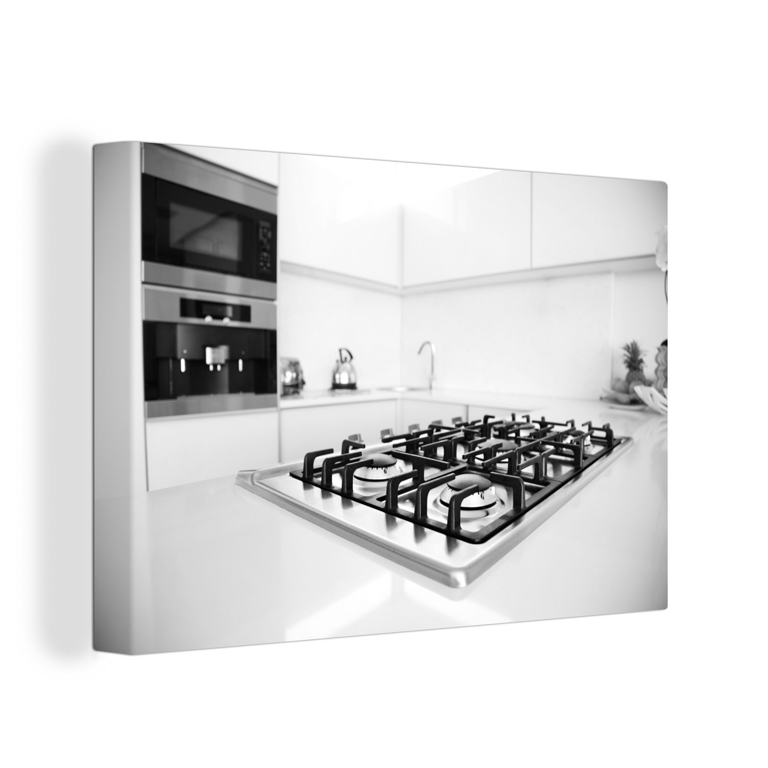 OneMillionCanvasses® Leinwandbild Ein Herd und ein Backofen in einer modernen Küche - schwarz und weiß, (1 St), Wandbild Leinwandbilder, Aufhängefertig, Wanddeko, 30x20 cm