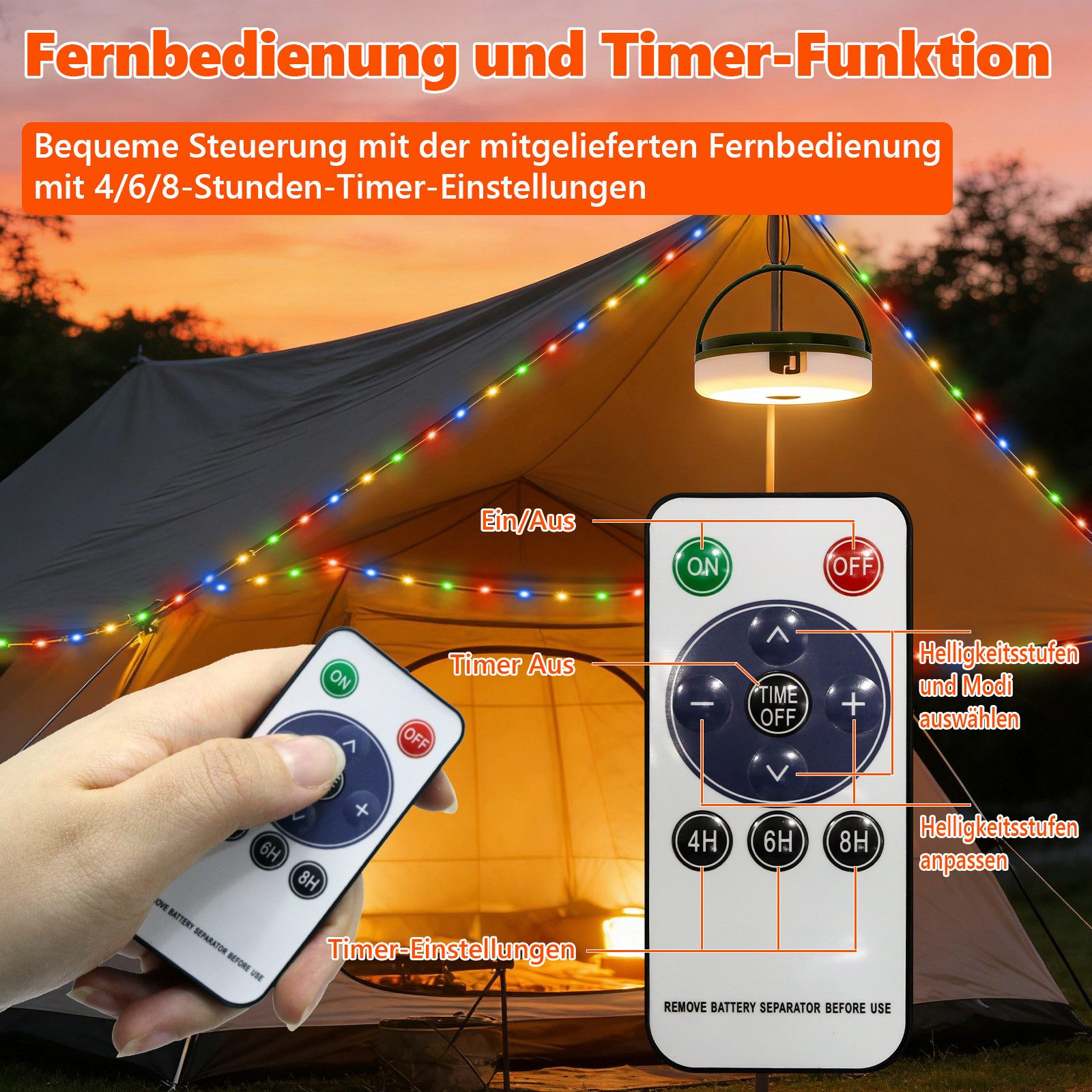OZAVO LED-Lichterkette Camping Lichterkette Aufrollbar 3 in 1 LED-Lichterkette, 100-flammig, Solar und USB Aufladung LED-Lichterkette mit Fernbedienung – Bild 5 von 5
