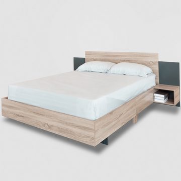MODFU Massivholzbett Holzbett Doppelbett Stauraumbett mit Lattenrost ohne Matratze (205.5x235x76.5 cm(T/B/H) Set in Eiche Sonoma/Dunkelgrau), mit 2 Nachtkommoden Modernes Bett inkl