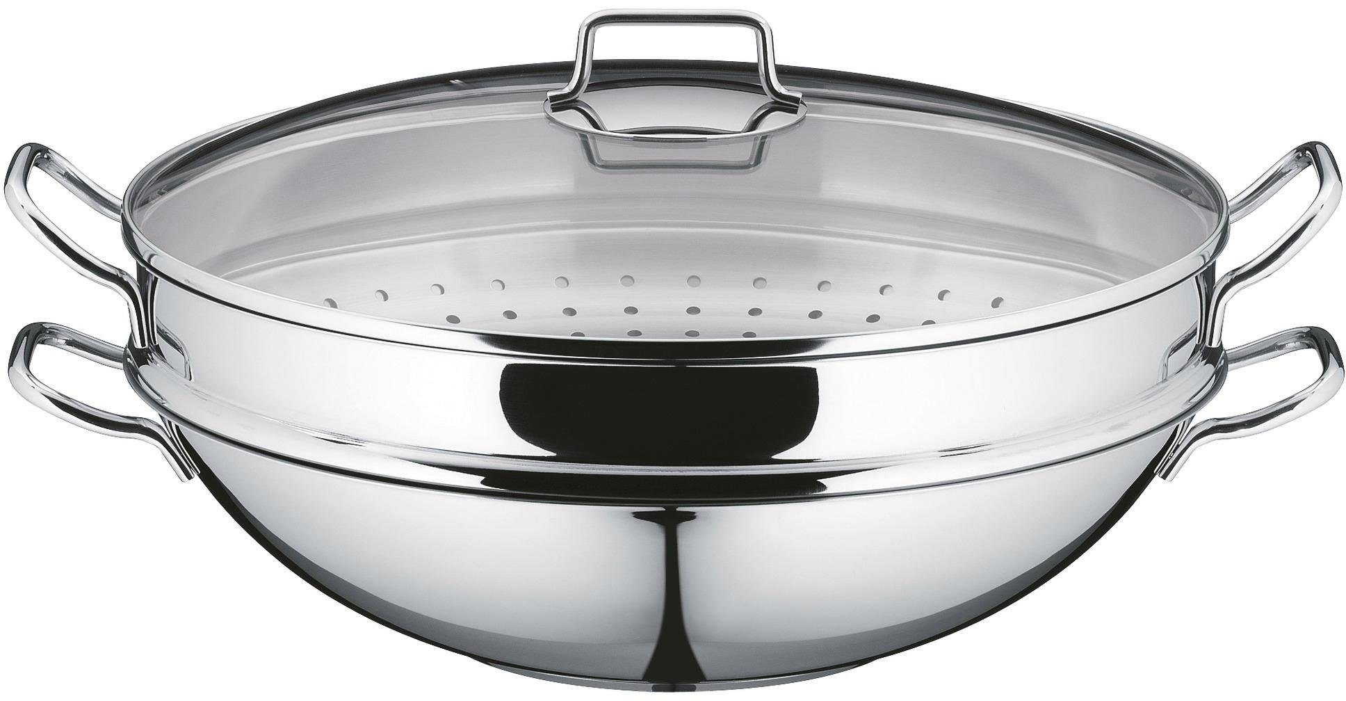WMF Wok Wokpfanne Macao 36 cm, Induktion, Cromargan® Edelstahl Rostfrei 18/10 (Set, 4-tlg., 1 x Wok mit Glasdeckel, Dämpfeinsatz, Rezeptheft), für alle Herdarten geeignet, scharfes Anbraten bei hohen Temperaturen