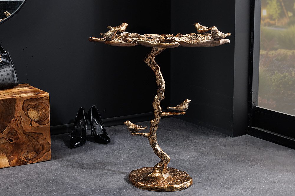 riess-ambiente Beistelltisch BIRDS 65cm messing · In- & Outdoor-Tisch mit Blatt-Design aus Metall (Einzelartikel, 1-St), Wetterfester Gartentisch mit Vogel-Skulpturen · handmade Dekotisch