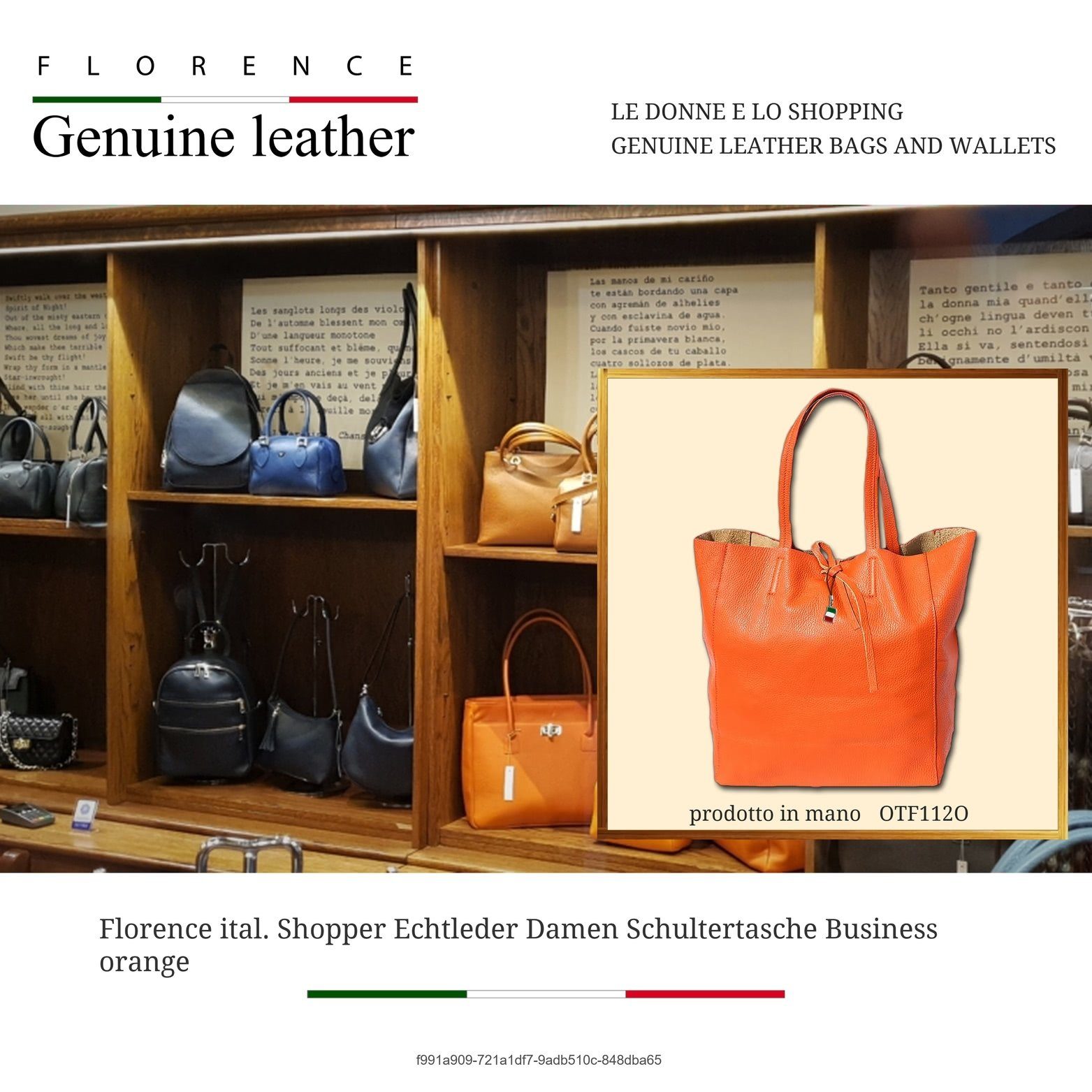 FLORENCE Shopper Florence Echtleder Schultertasche orange (Schultertasche, Shopper), Damen Tasche Echtleder orange, Made-In Italy