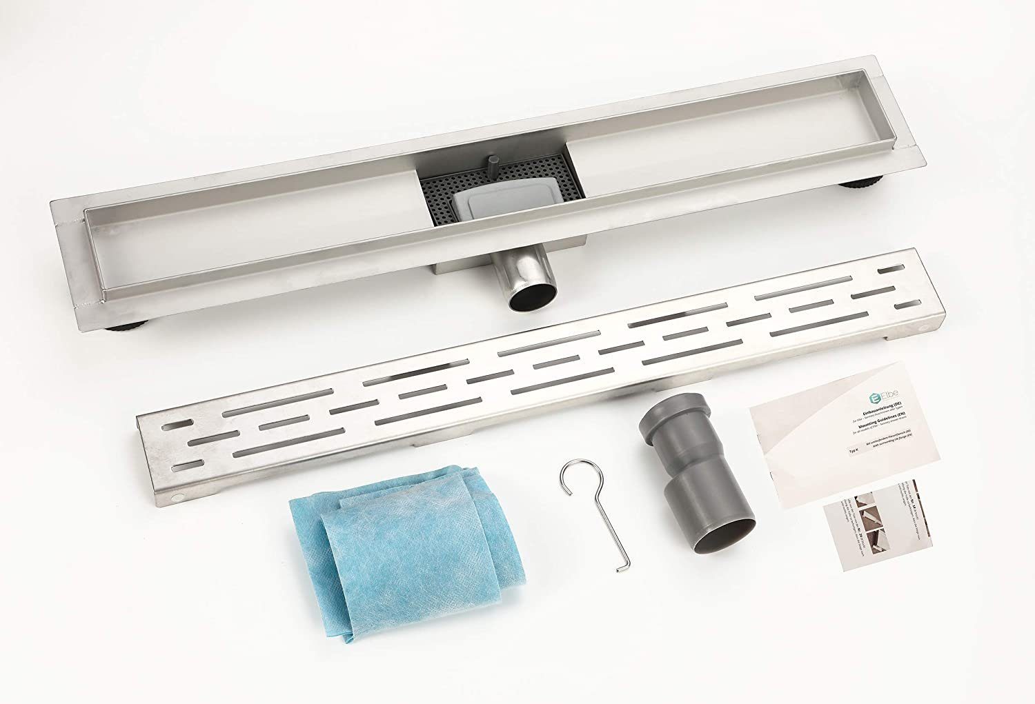 Elbe Duschrinne 60 cm, 3-reihig-Schlitzm Muster, mit Siphon, Haarsieb, Gruchsstop, Oberteil und Unterteil aus rostfreiem Stahl, Geruchssicher	Korrosionsresistent	Rostbeständig 60 cm