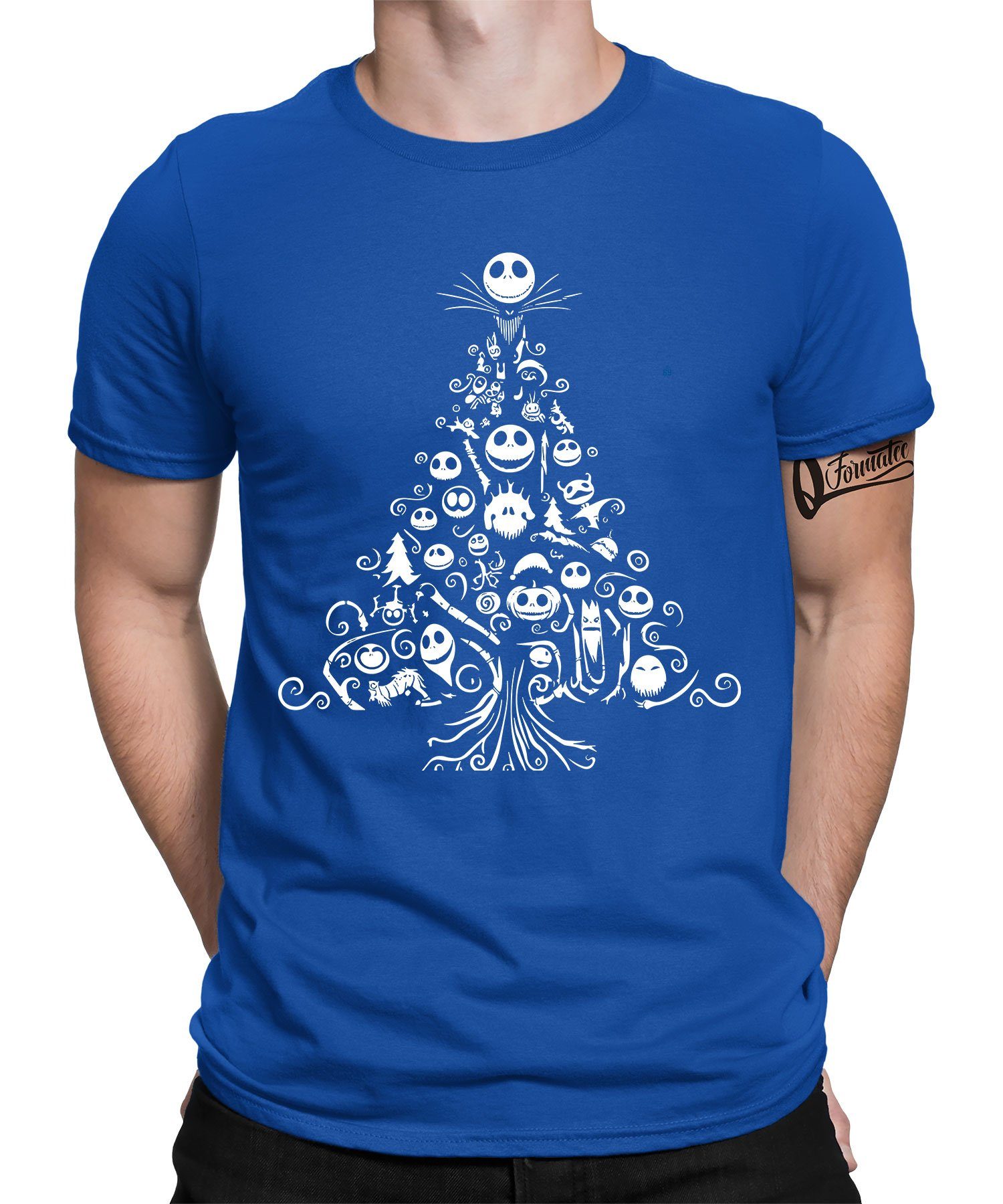 Quattro Formatee Kurzarmshirt Nightmare Before Christmas Weihnachtsbaum - Weihnachten X-mas Christma (1-tlg) Blau