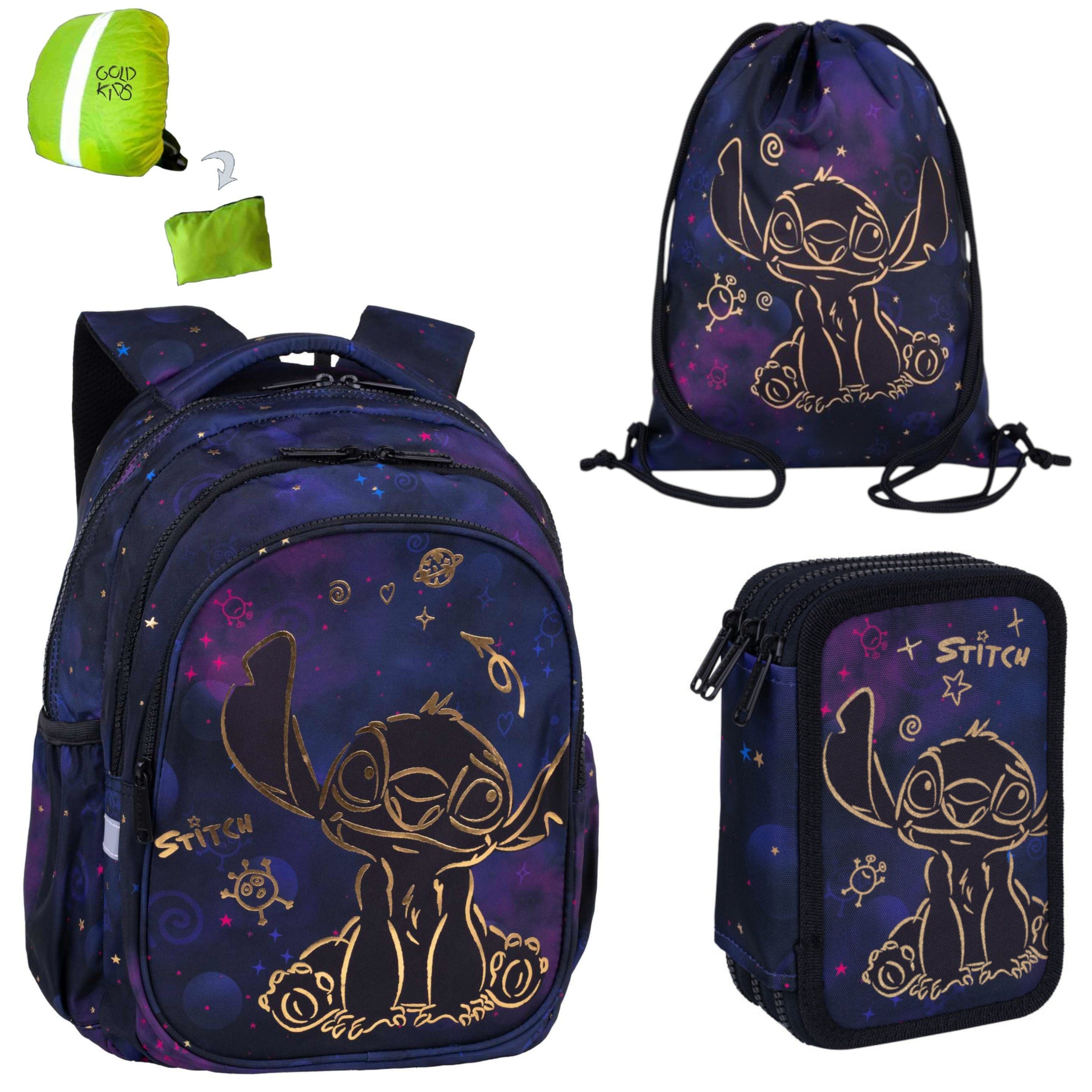 GOLDKIDS Schulranzen für Jungen und Mädchen, 4er-Set - (Schul-Rucksack für Kinder mit Federmäppchen, 1-tlg., - Schuhbeutel und Regenschutz), - Stitch Motiv
