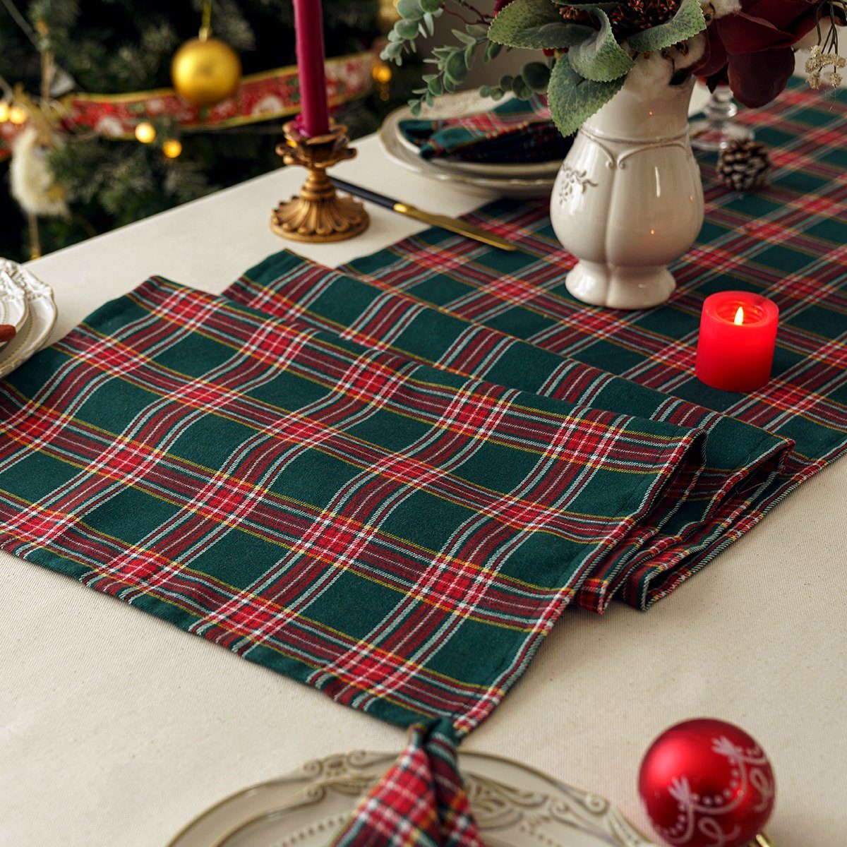 BTTO Tischdecke Tischdecke Weihnachtlich kariertes,Tischläufer Platzsets, Weihnachten kariert,Weihnachtstischdecke