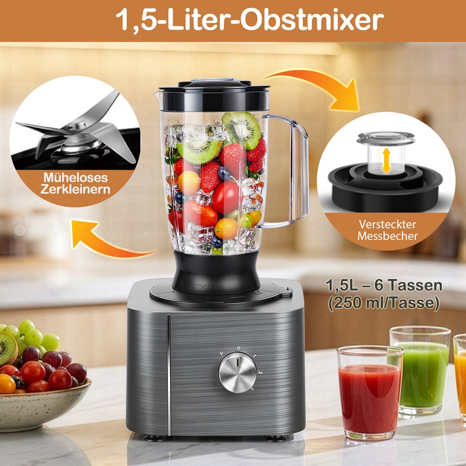 SNDOAS Küchenmaschine, 1100 W, 3,2 l Schüssel, mit Hacken, Schneiden, Kneten, Entsaften, 3 Geschwindigkeiten