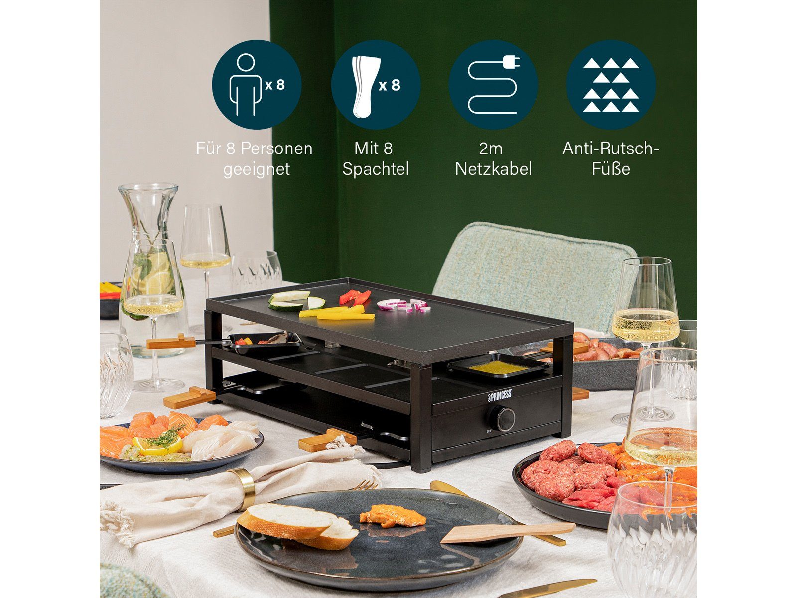 PRINCESS Raclette, 8 Raclettepfännchen, 1300 W, Gerät für 2-8 Personen, großer Elektro Tischgrill Pfännchen Parkdeck