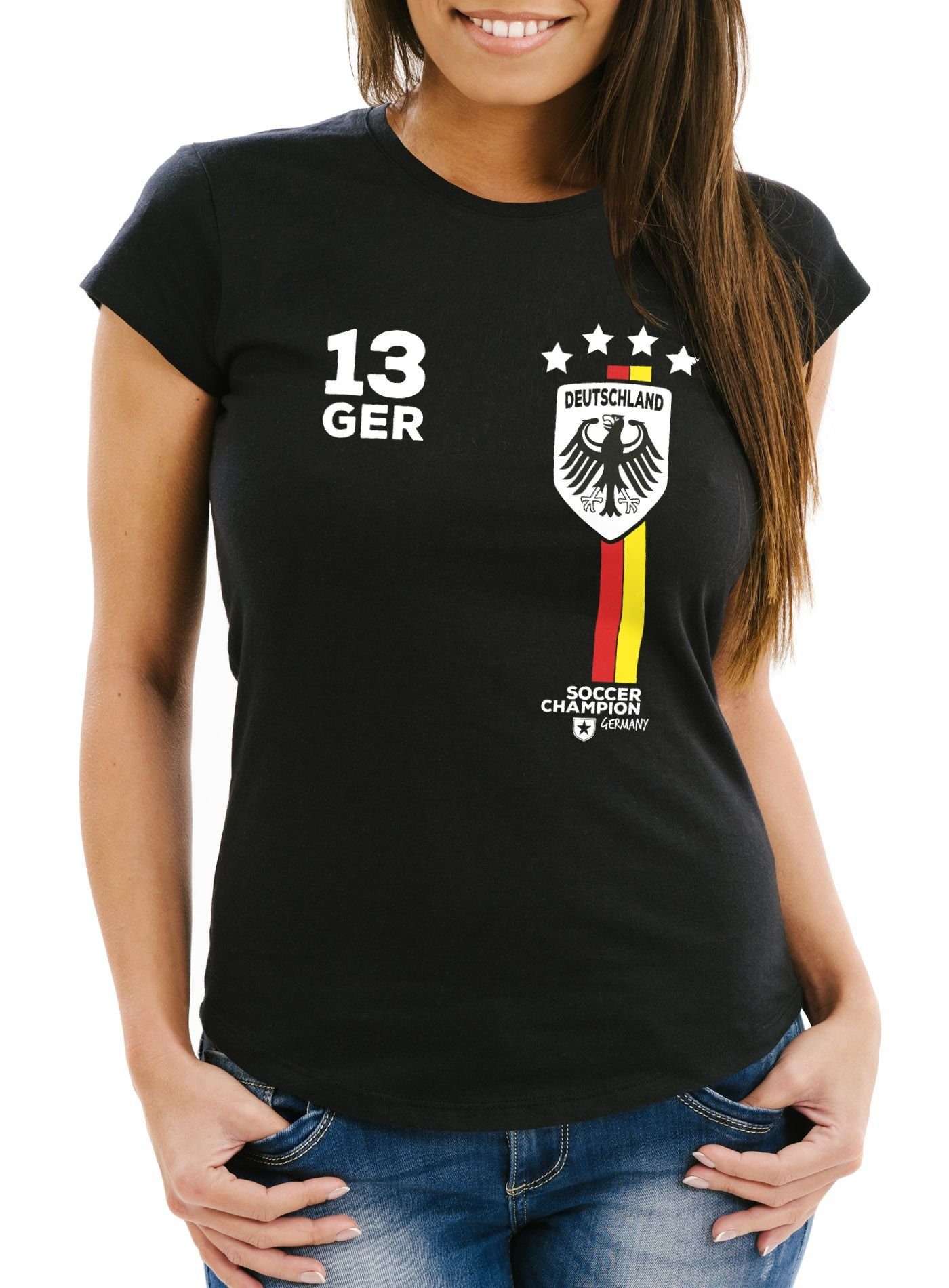 Print Damen Print-Shirt Fit schwarz T-Shirt Fanshirt Slim EM MoonWorks® Fußball WM Deutschland mit Trikot MoonWorks