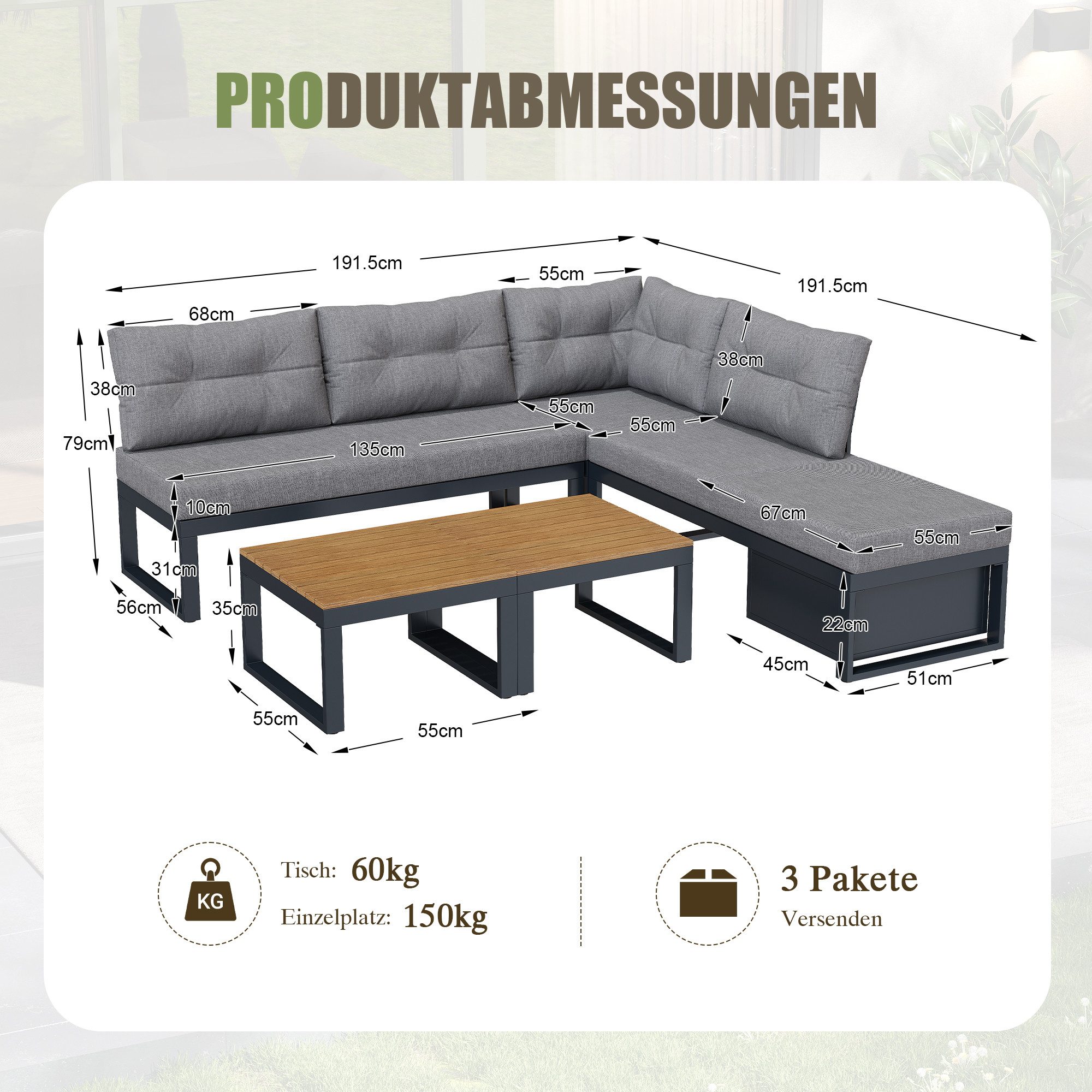 KLAM HOME Gartenlounge-Set 4-6 Sitzer Modernes Gartenmöbelset Gartenlounge-Set Ecksofa, (3-stufig verstellbare Rückenlehne+Liegefunktion+Stauraum), Wetterfest Polyester für Außenbereich, Terrasse, Balkon und Garten