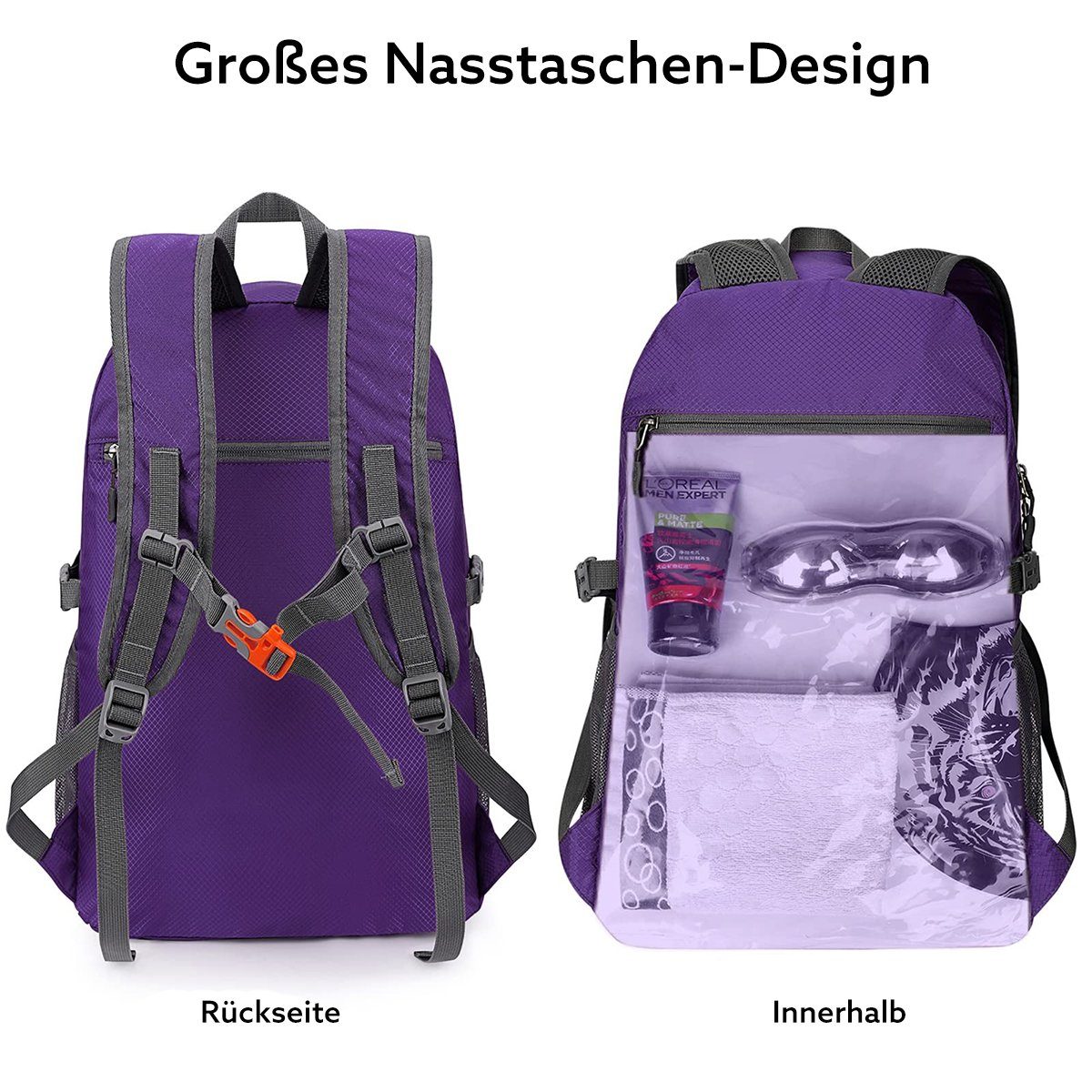 40L Freizeitrucksack, faltbarer Wanderrucksack G4Free Lila Camping-Reise-