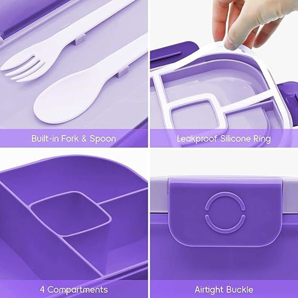 XDeer Lunchbox Brotdose Mikrowelle Lunchbox Brotbox Besteck Bento, 1300ML Kinder Schule, Fächern Auslaufsicher Erwachsene mit Brotzeitbox mit purple Jausenbox