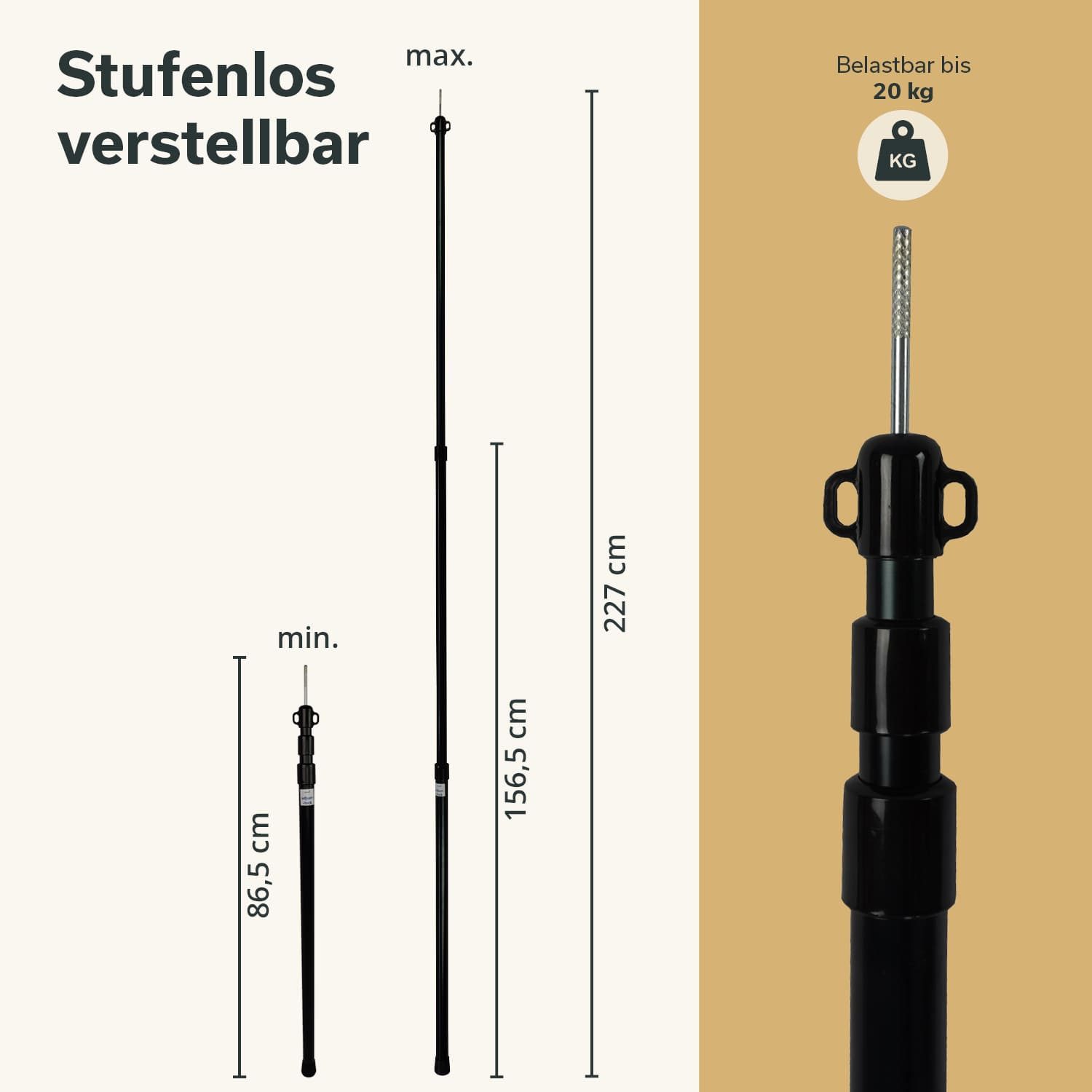 Skandika Zeltstange Teleskopstangen für Sonnensegel, Zelt, Vorzelt, Tarp, Markise, (Fixierung durch Drehen des Stabes), 86,5 – 227cm, stufenlos ausziehbar, Tragetasche, Schutzkappen, Camping