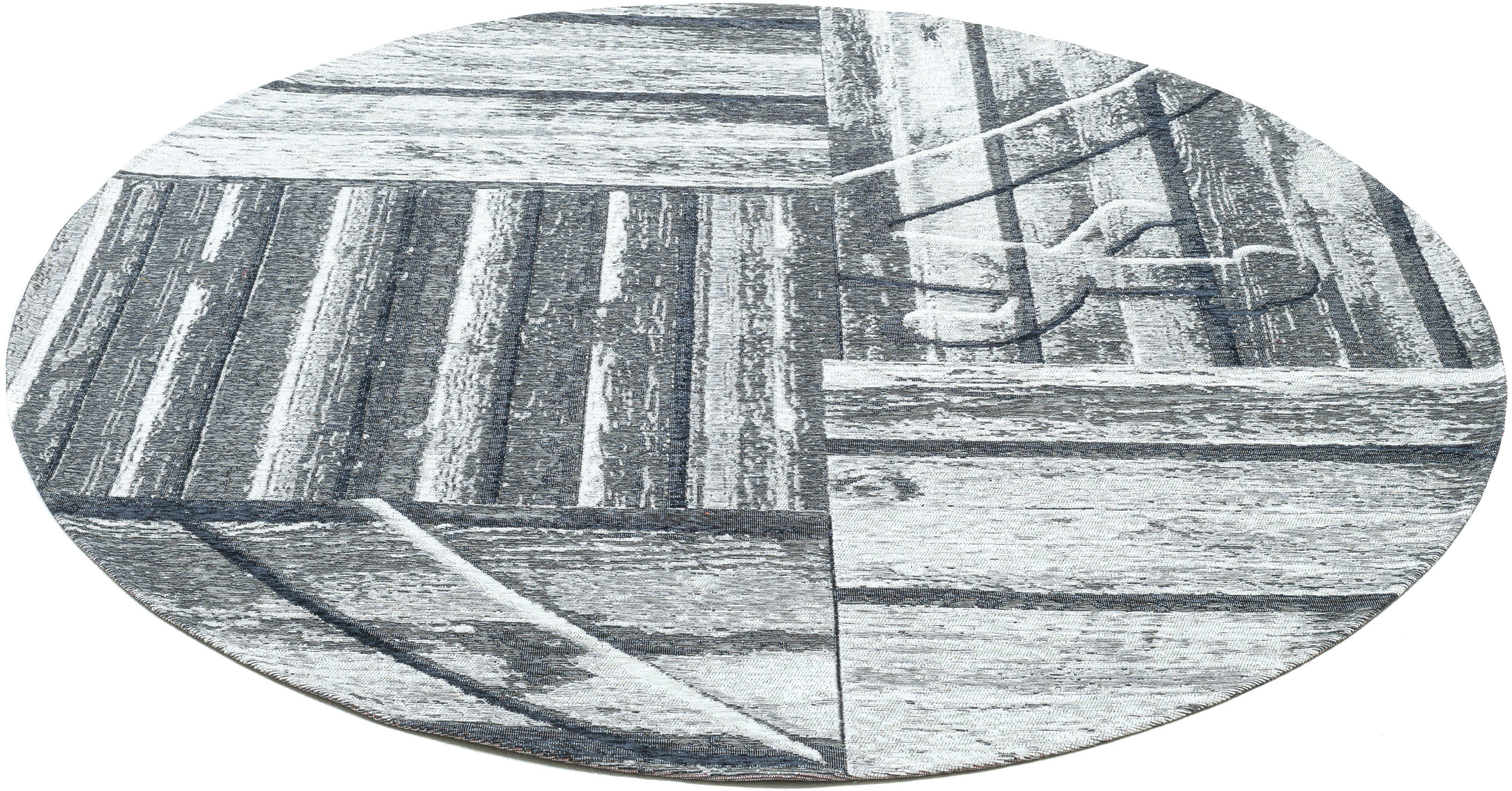 Sansibar Teppich Keitum 010, rund, Höhe: 3 mm, Flachgewebe, modernes Holz Design, Motiv, gekreuzte Säbel