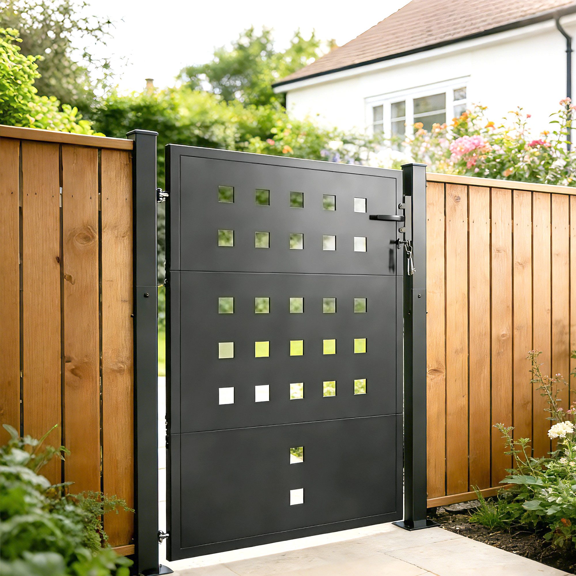 Outsunny Gartentor aus verzinktem Stahl mit Griff, Schloss 3 Schlüssel, (Metall Gartentür, Gartenpforte Tor), für Stabmattenzaun, Begrenzungszaun 105x130 cm Dunkelgrau