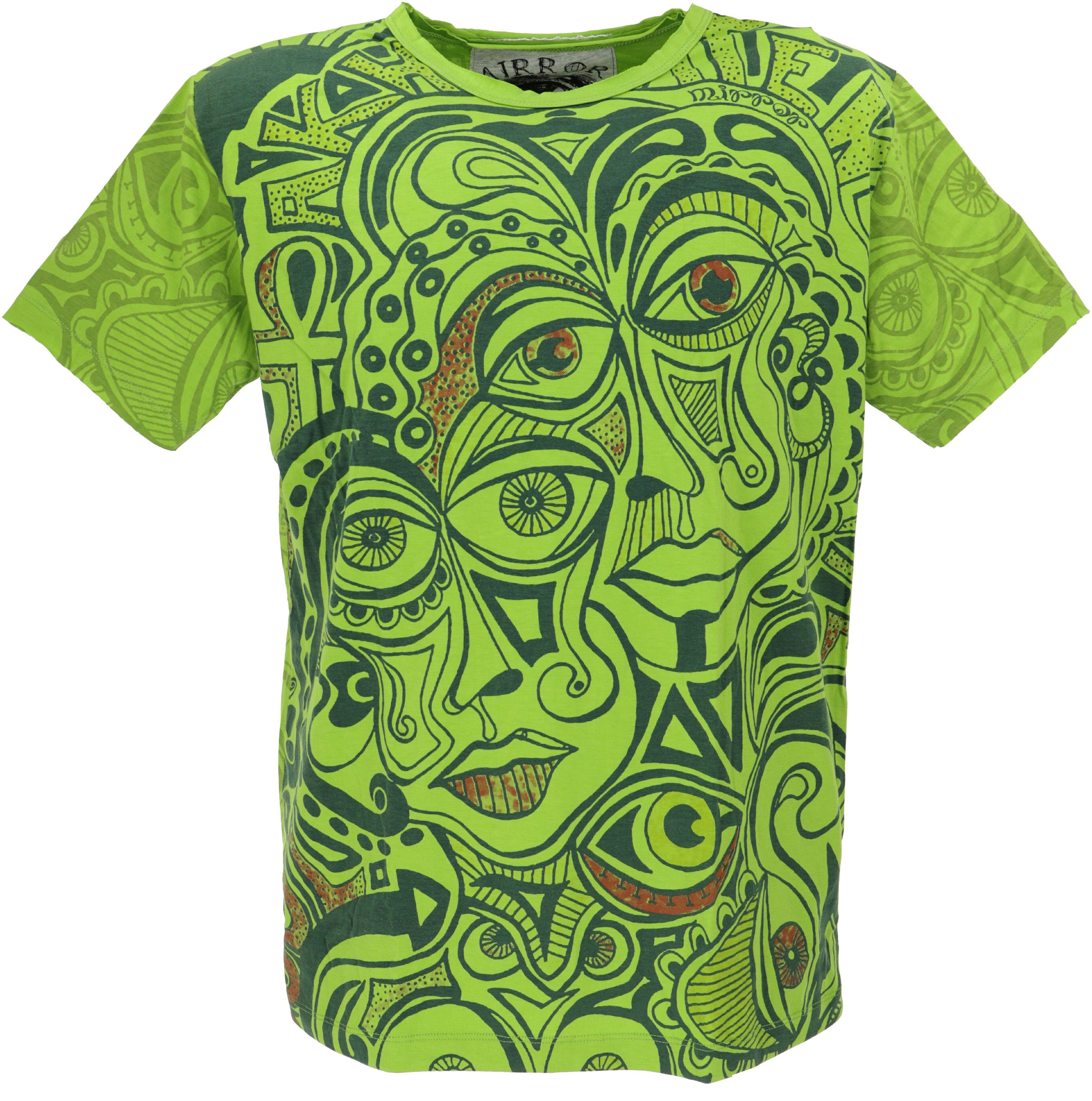 Guru-Shop T-Shirt Mirror T-Shirt - Faces/grün Goa Style, Festival, alternative Bekleidung