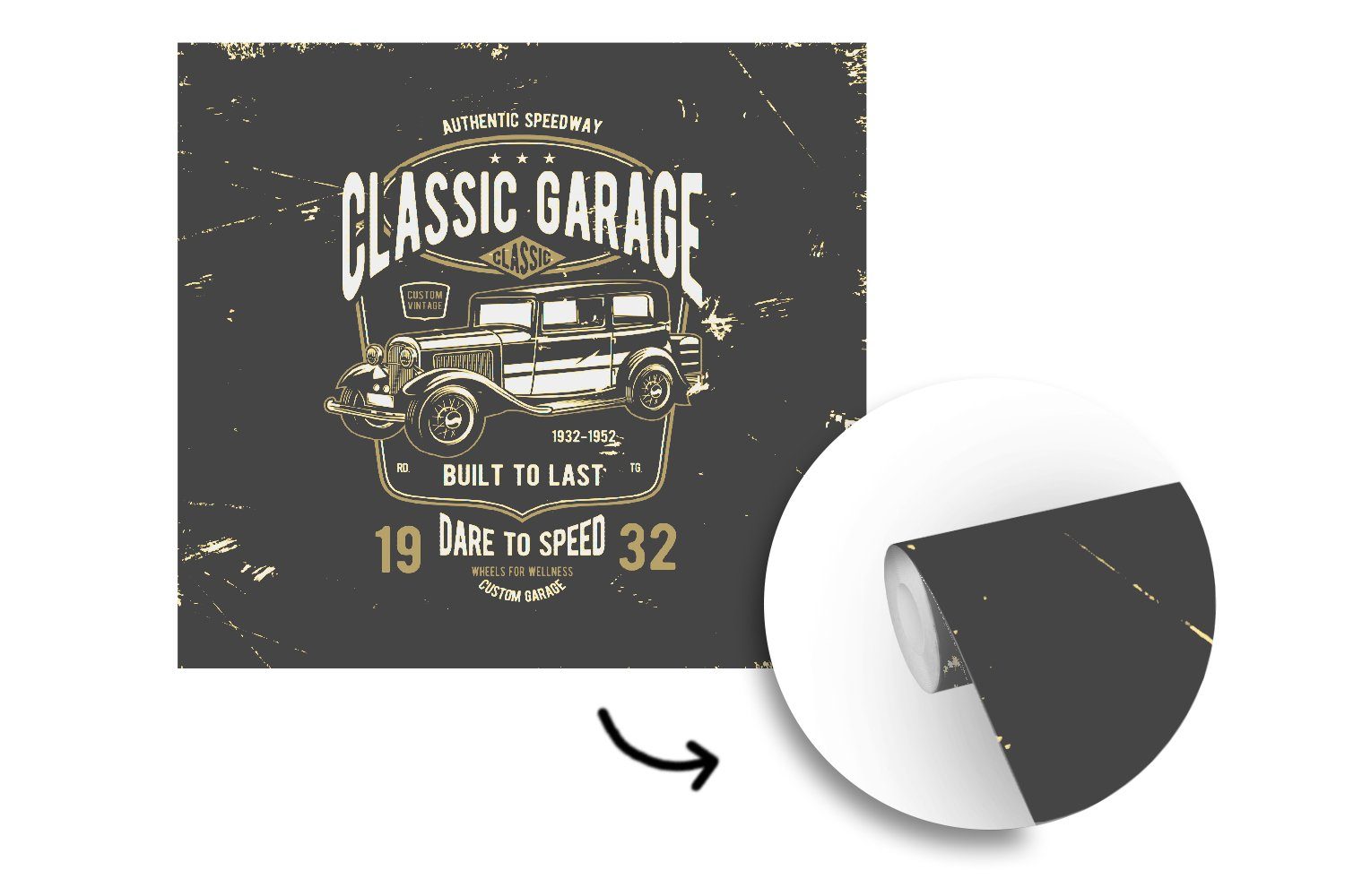 (5 - Tapete Vintage, MuchoWow Wandtapete Wohnzimmer Vinyl bedruckt, - für Mancave - Auto oder Matt, Schlafzimmer, Garage St), Fototapete