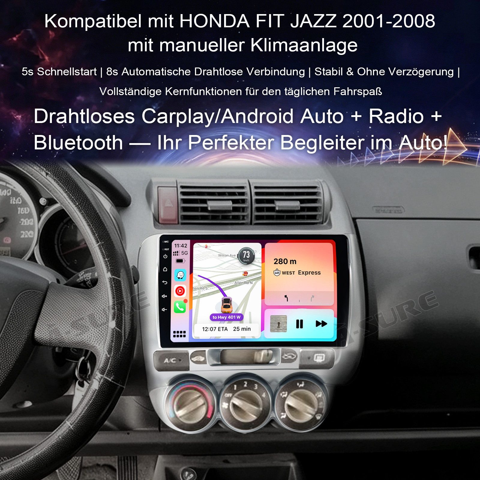 A-Sure Plug & Play Carplay Android Auto Radio für Honda Jazz Fit 2001-2008 Autoradio (Linux, USB, 1280*720)
