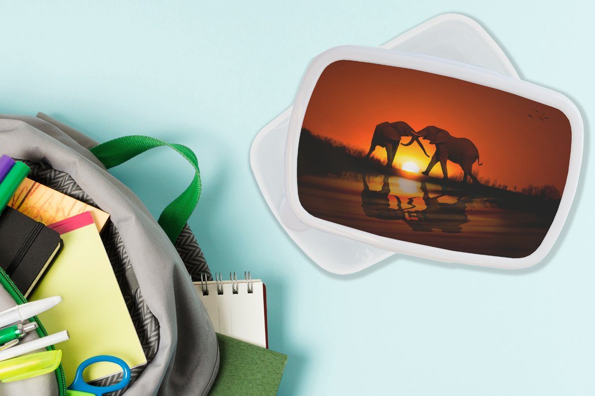 bei MuchoWow weiß Lunchbox Brotbox Jungs Mädchen und und Erwachsene, Elefantenpaar Sonnenuntergang, (2-tlg), Kunststoff, Brotdose, für für Kinder
