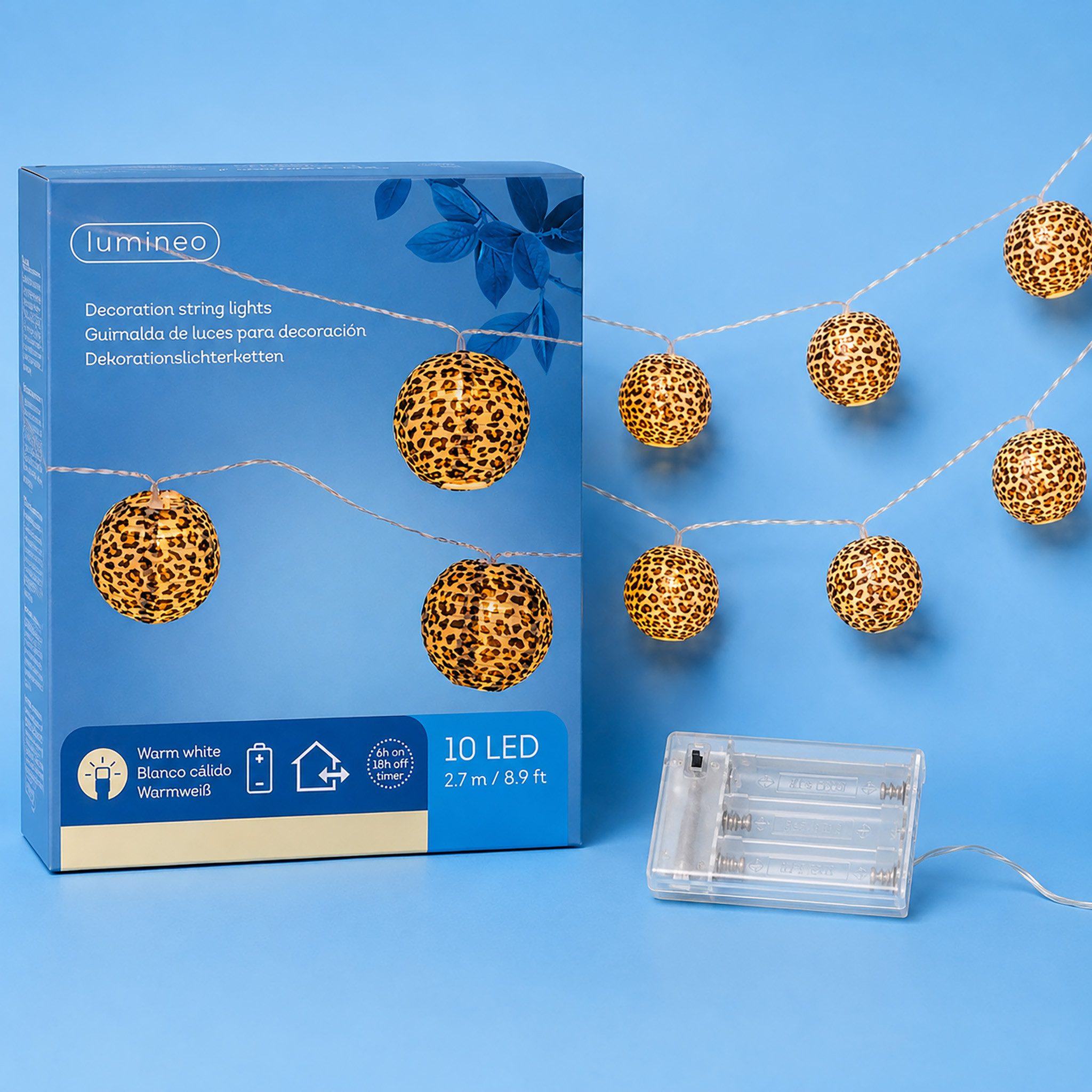 Lumineo LED-Lichterkette, LED Lampion Lichterkette 2,7m Batterie 10 Leopard-Lampions / Warmweiß