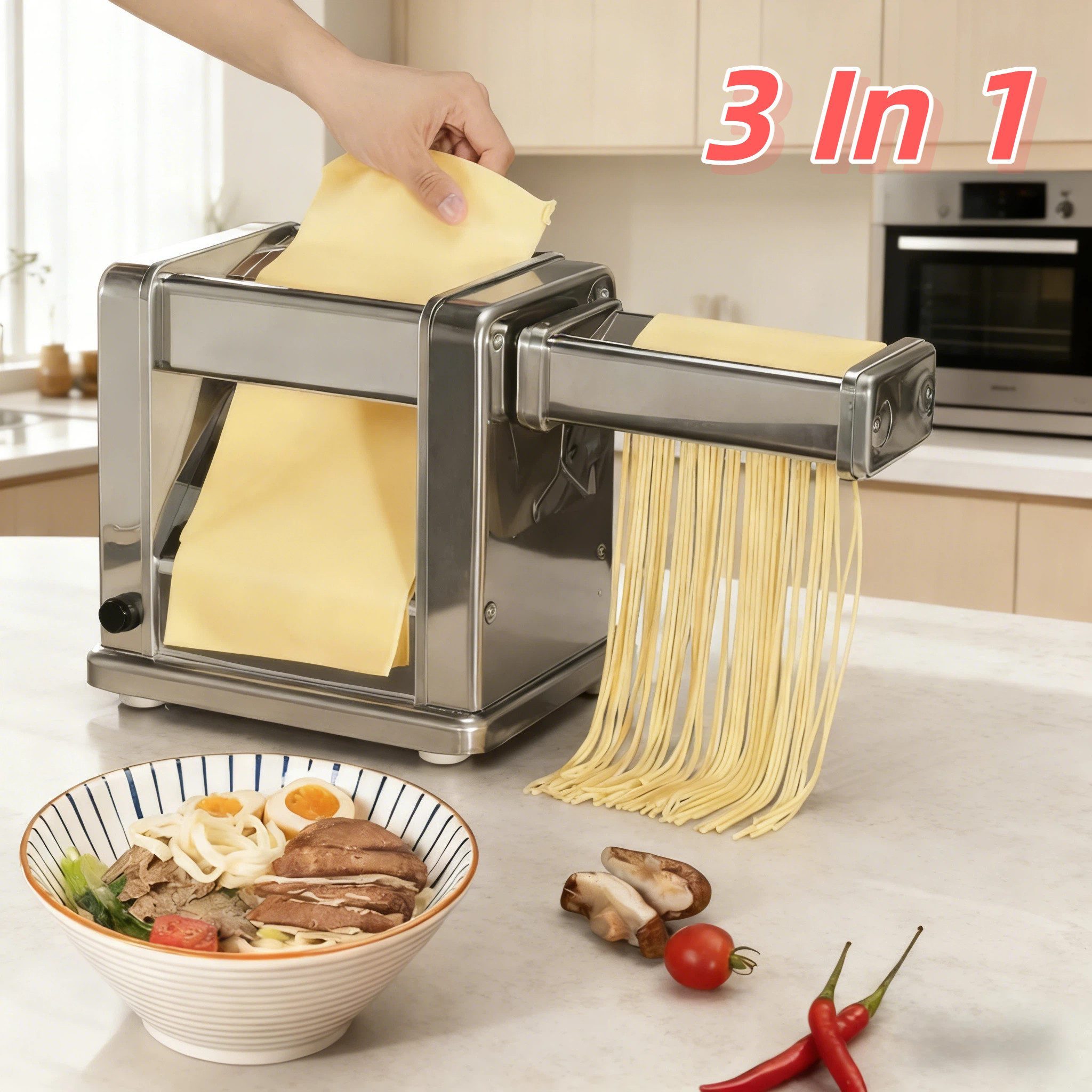 FOHERE Nudelmaschine Elektrische Nudelmaschine, 7 Stärken Einstellbar, 60 W, Nudelwalze und 2x Pasta-Schneideinsätze 1.5 mm und 6.6 mm – Bild 3 von 5