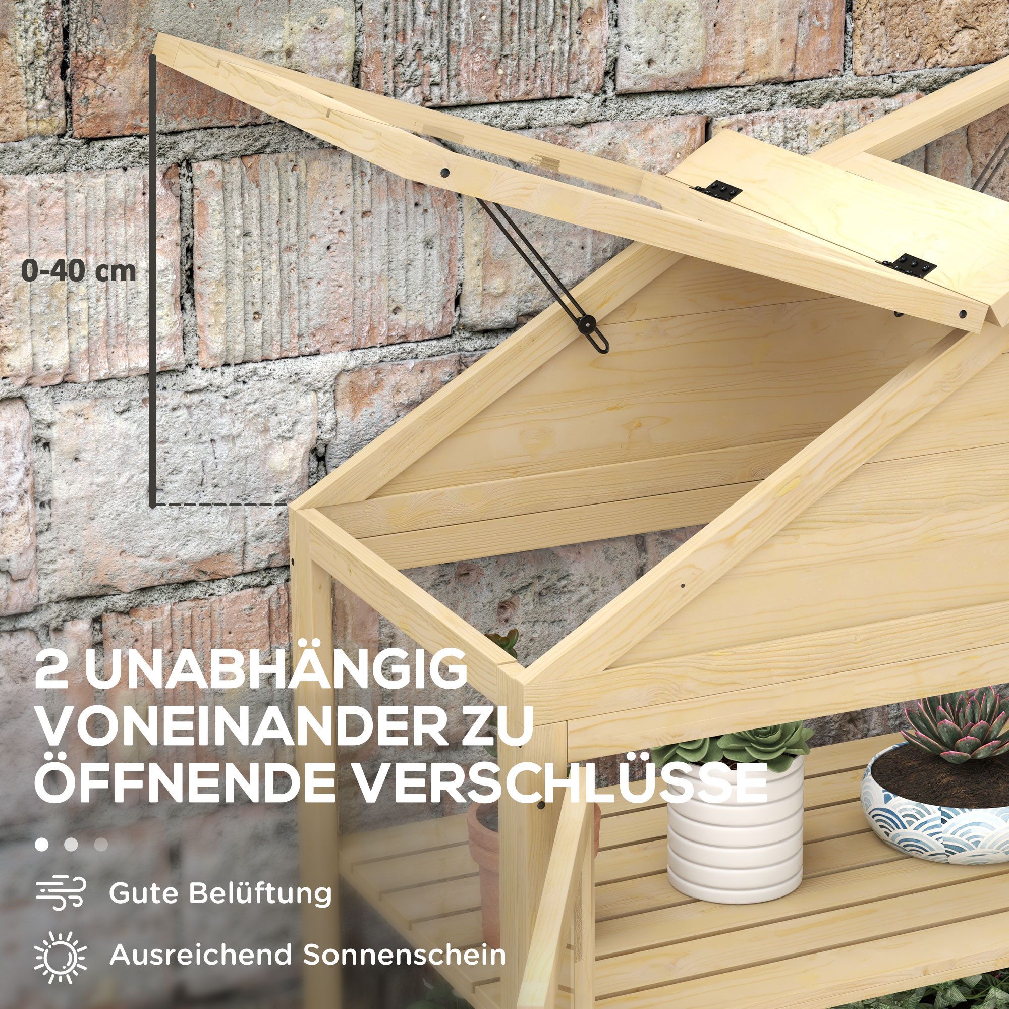 Outsunny Hochbeet Frühbeet aus Holz Abschließbar mit 4 Ebenen, Dachfenster, Doppeltür (Anzuchtbeet, 1 St., Frühbeetkasten), für Garten, Balkon, Natur, 100 x 56, – Bild 4 von 5