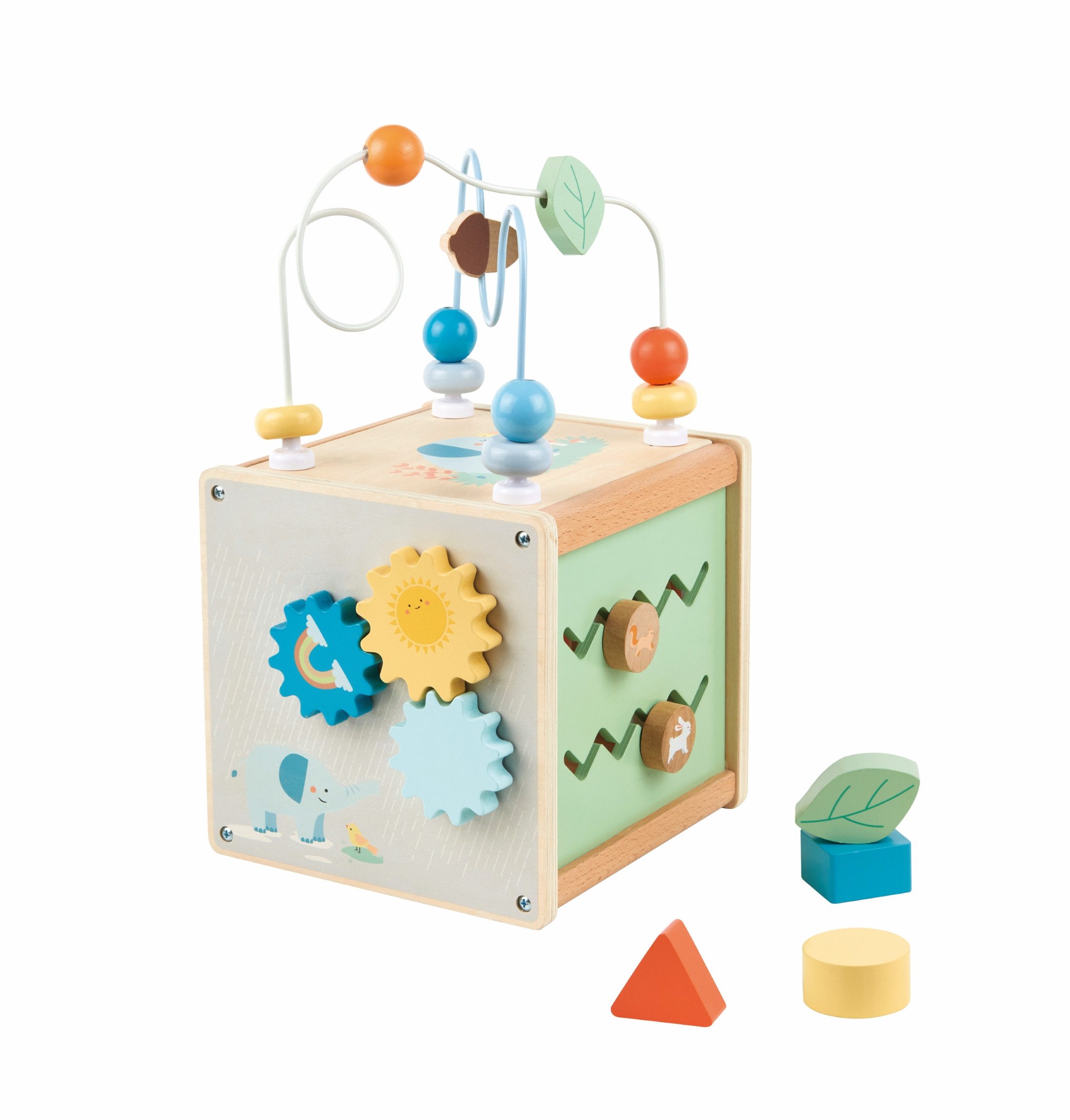 Lelin Motorikwürfel 10350 Holzspielzeug Activity Cube Motorikwürfel Labyrinth, Motorikwürfel mit 5 bespielbaren Seiten
