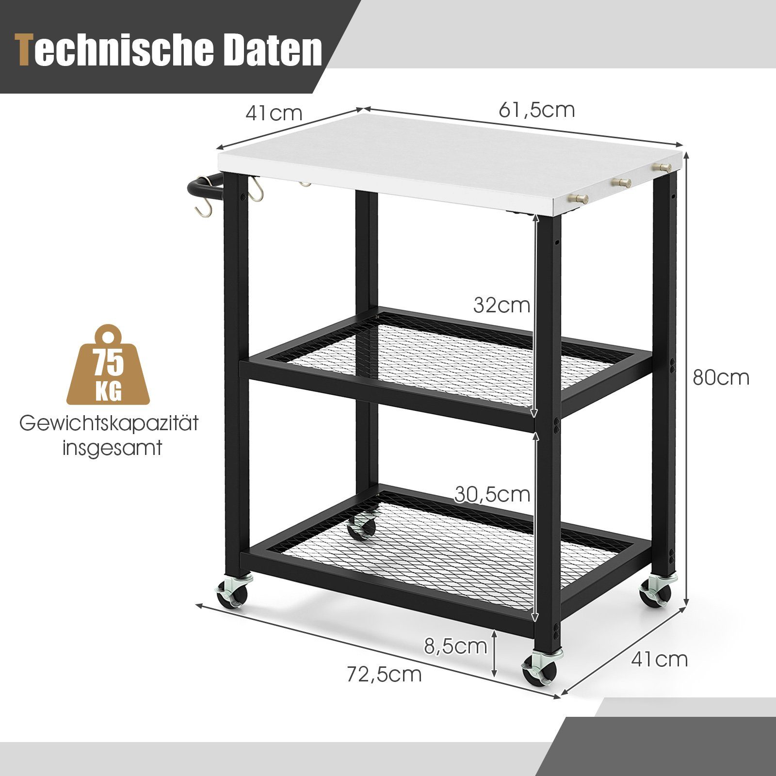 COSTWAY Grillablagetisch, 3-stufiger Grillwagen mit Platte, Griff und 3 Haken