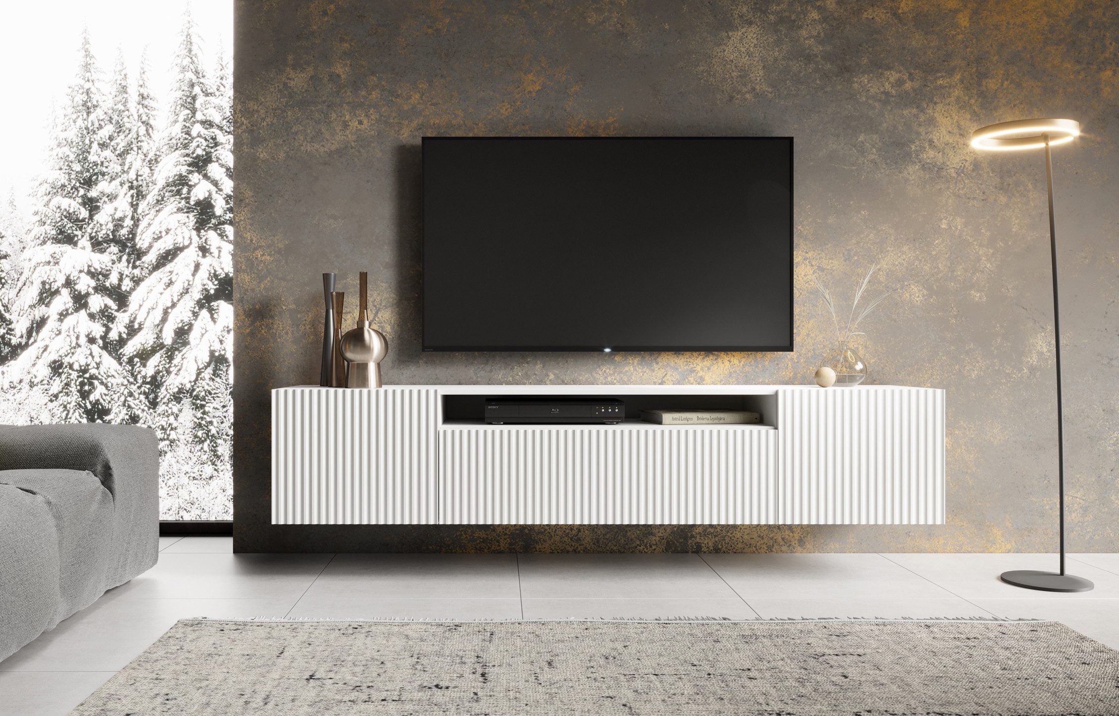 MOEBLO TV-Board VIRENO (TV-Schrank – modern, stehend oder hängend, mit geräumigen Fächern & stilvollen Fronten, 200 cm, verschiedene Farben), (BxHxT): 200 x 53 x 41 cm