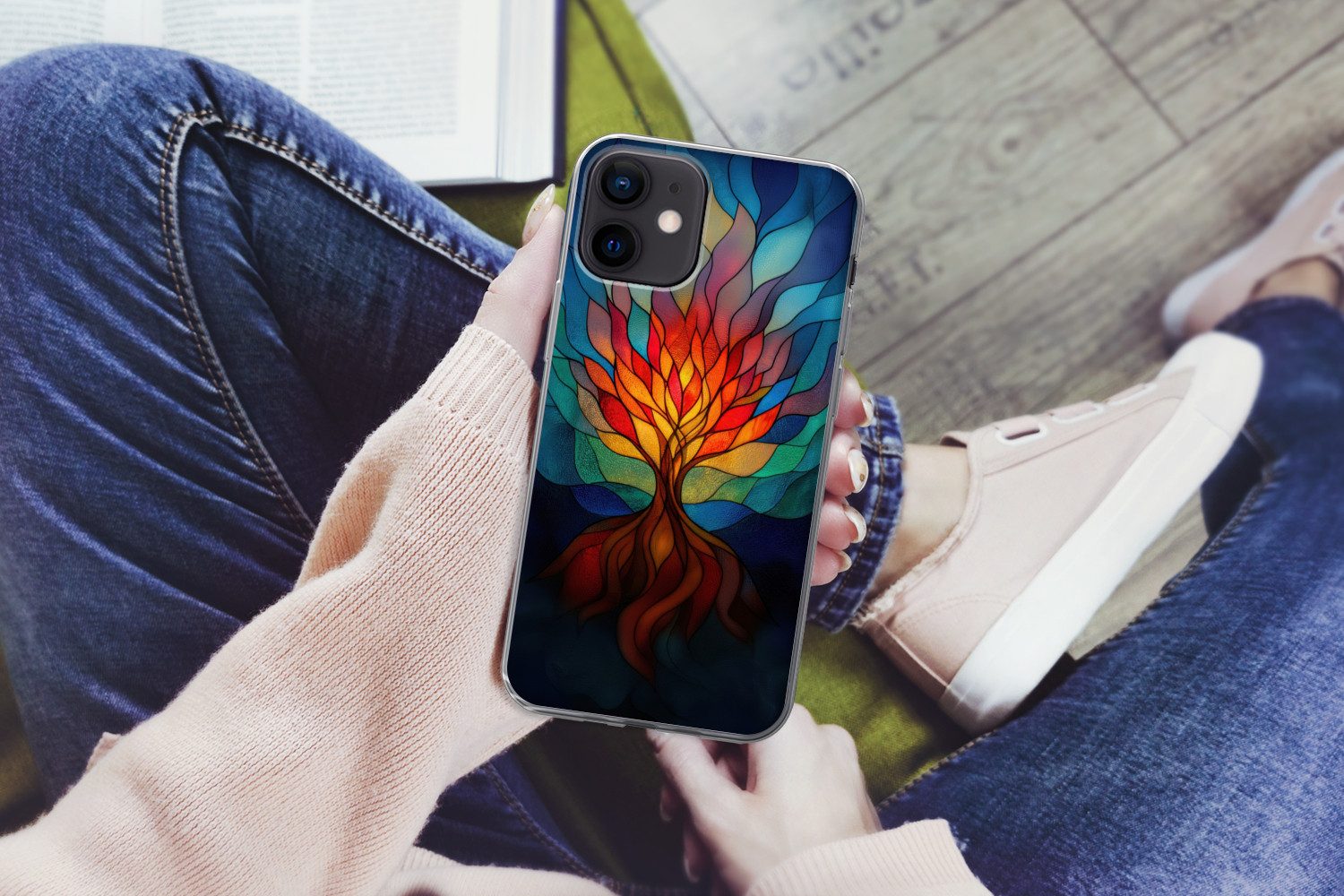 MuchoWow Handyhülle für Apple iPhone 12 Mini Ornamentales Glas - Baum - Rot - Wohnungen, Smartphone-Bumper, Print, Handy Schutzhülle Dünn