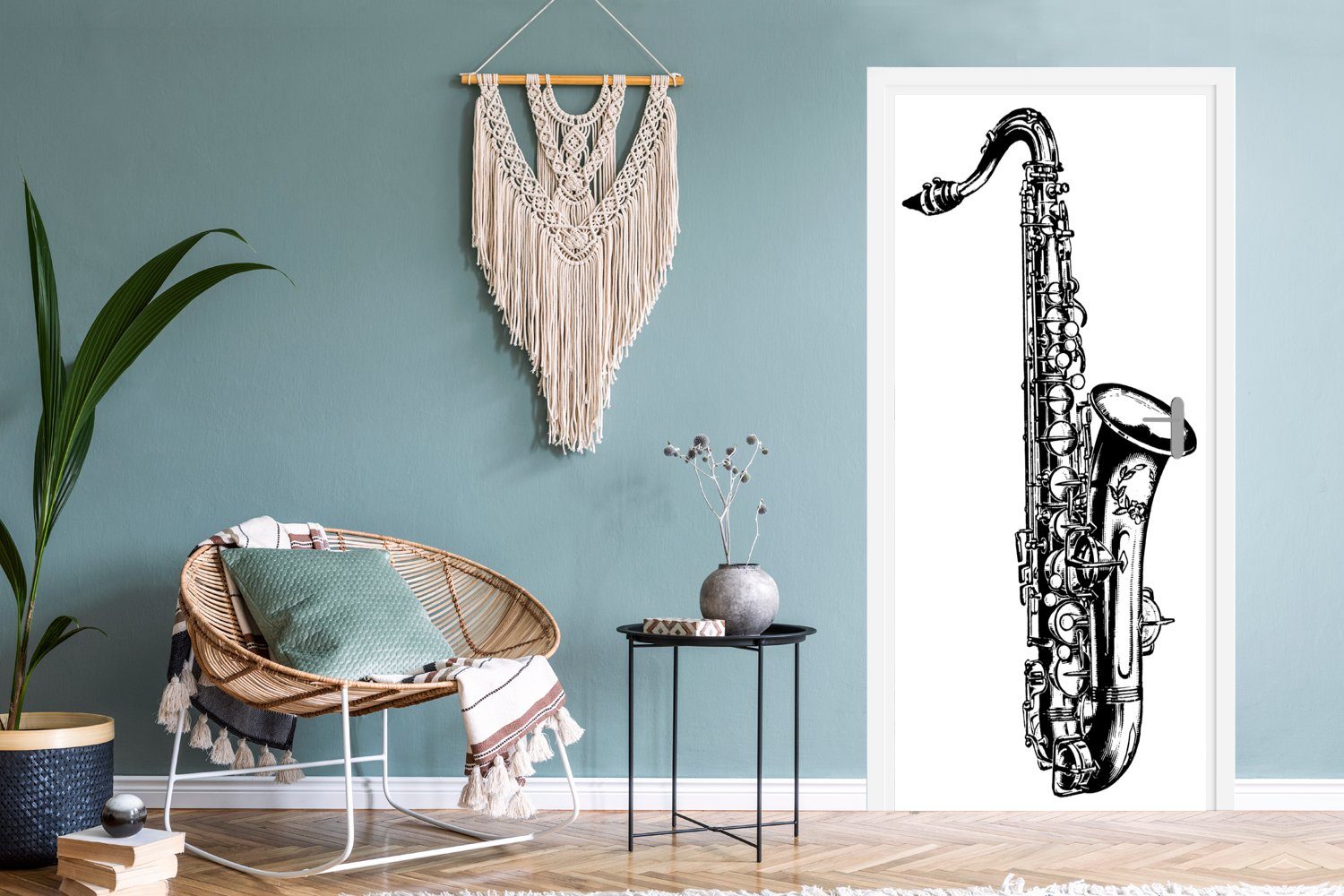 Türaufkleber, Matt, in eines Tür, cm schwarz-weiß, St), Illustration (1 MuchoWow bedruckt, für Türtapete Fototapete 75x205 Detaillierte Saxophons