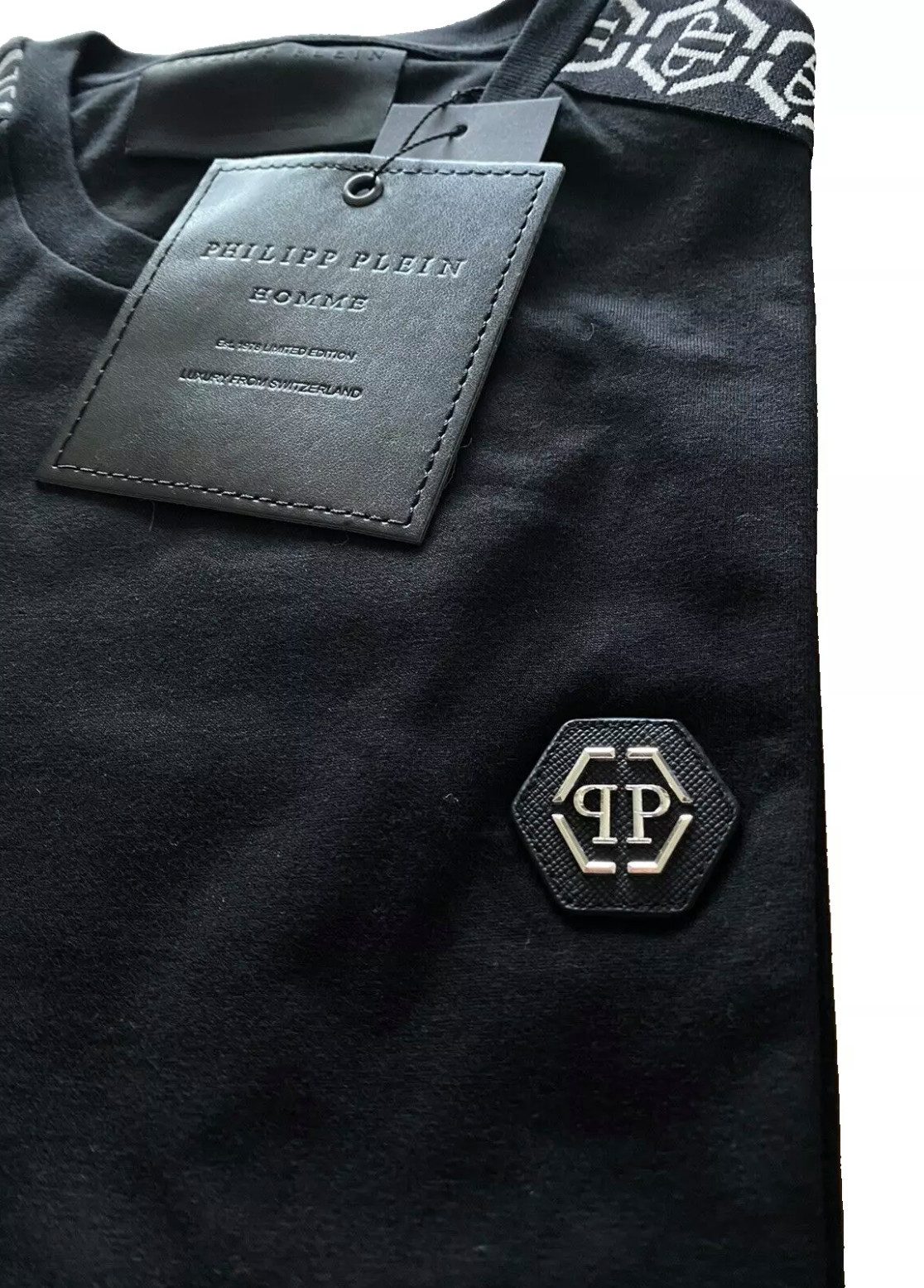 Philip Plein T-Shirt Main Line Logo Tape mit Streifen Tapes auf den Schultern, Hexagon-Logo, zweinadelige Nahtdetails