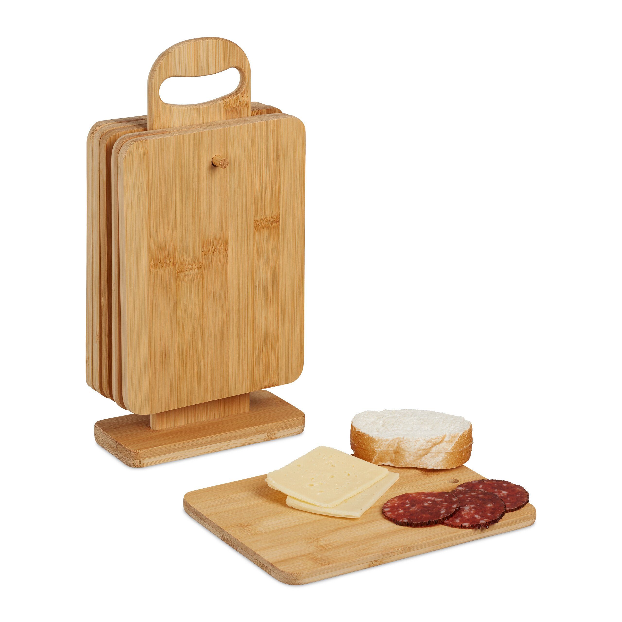 relaxdays Frühstücksbrett Frühstückbrettchen Set mit Ständer, Bambus, (7-St)