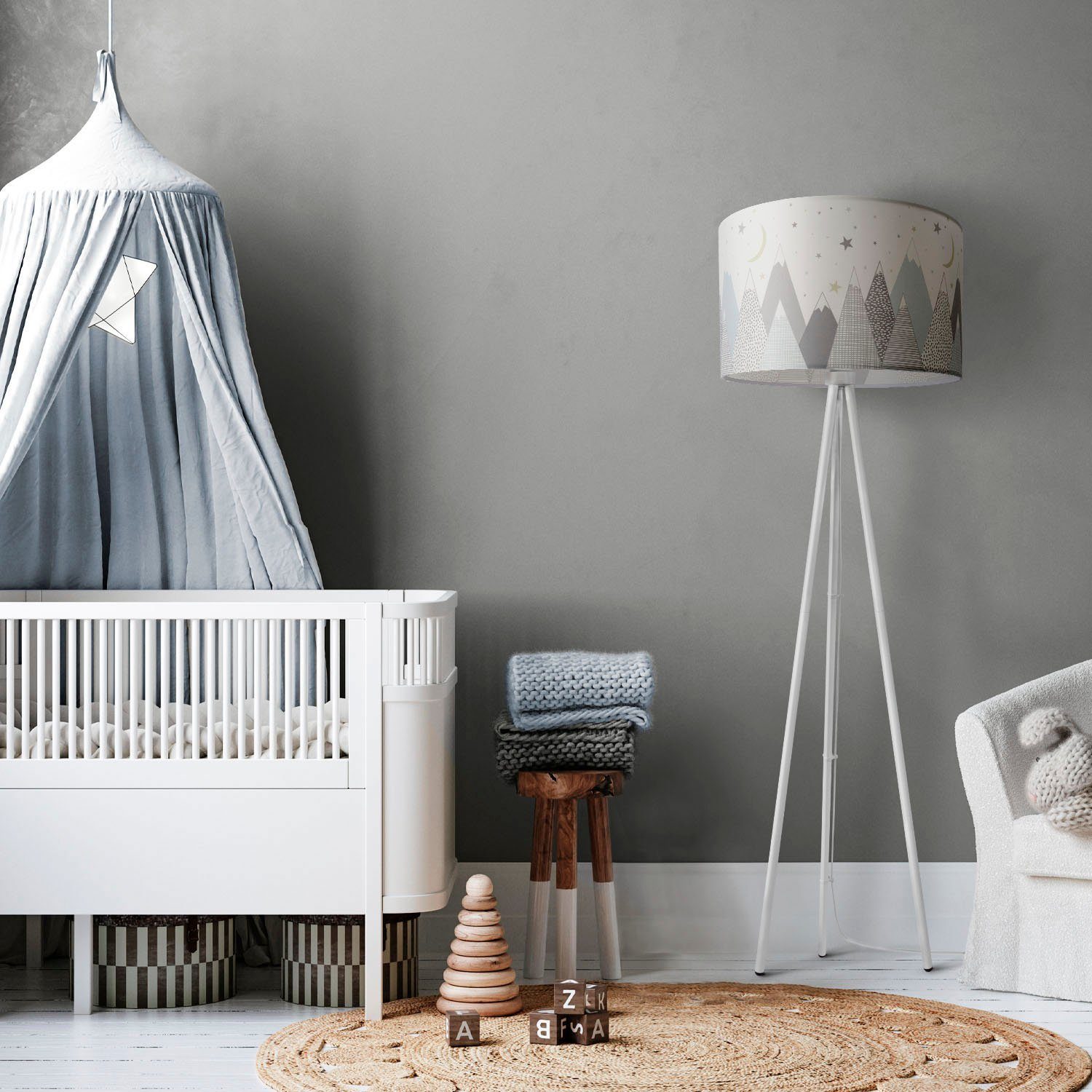 Stehlampe Stoffschirm ohne Stehlampe Cosmo, Home Dreibein Baby Sterne Paco Trina Leuchtmittel, Kinderzimmer Mond Stativ