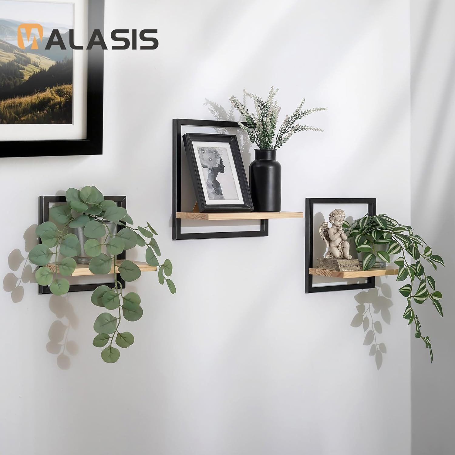 Holz Lichter Wandregal 3‑tlg. Floating Wandregal – Holz & Metall, modern geom. Design, 3-tlg., Schweberegal aus Holz+Metall – platzsparend, vielseitig, langlebig