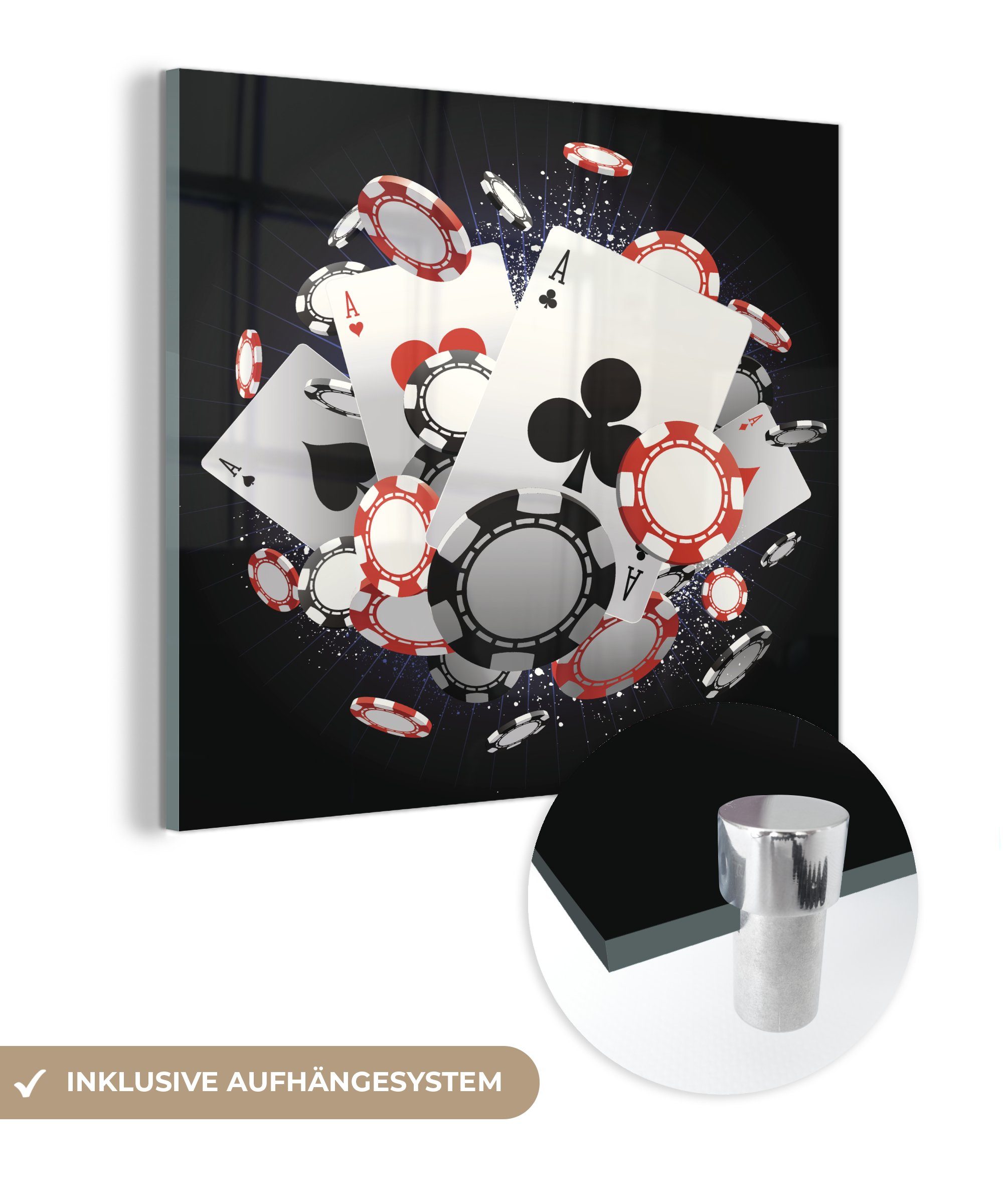 Spielkarten St), Bilder MuchoWow Glas Pokerchips, von auf - Glas Foto auf Acrylglasbild (1 - Glasbilder und - Wandbild Explosion Wanddekoration