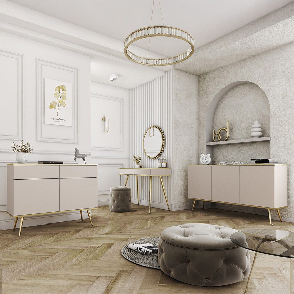 Lomadox Wohnzimmer-Set OLOVO-160, (Mega-Spar-Set, 3-St., Schminktisch), Beige, Metallbeine goldfarben, Push-to-open, goldene Highlights