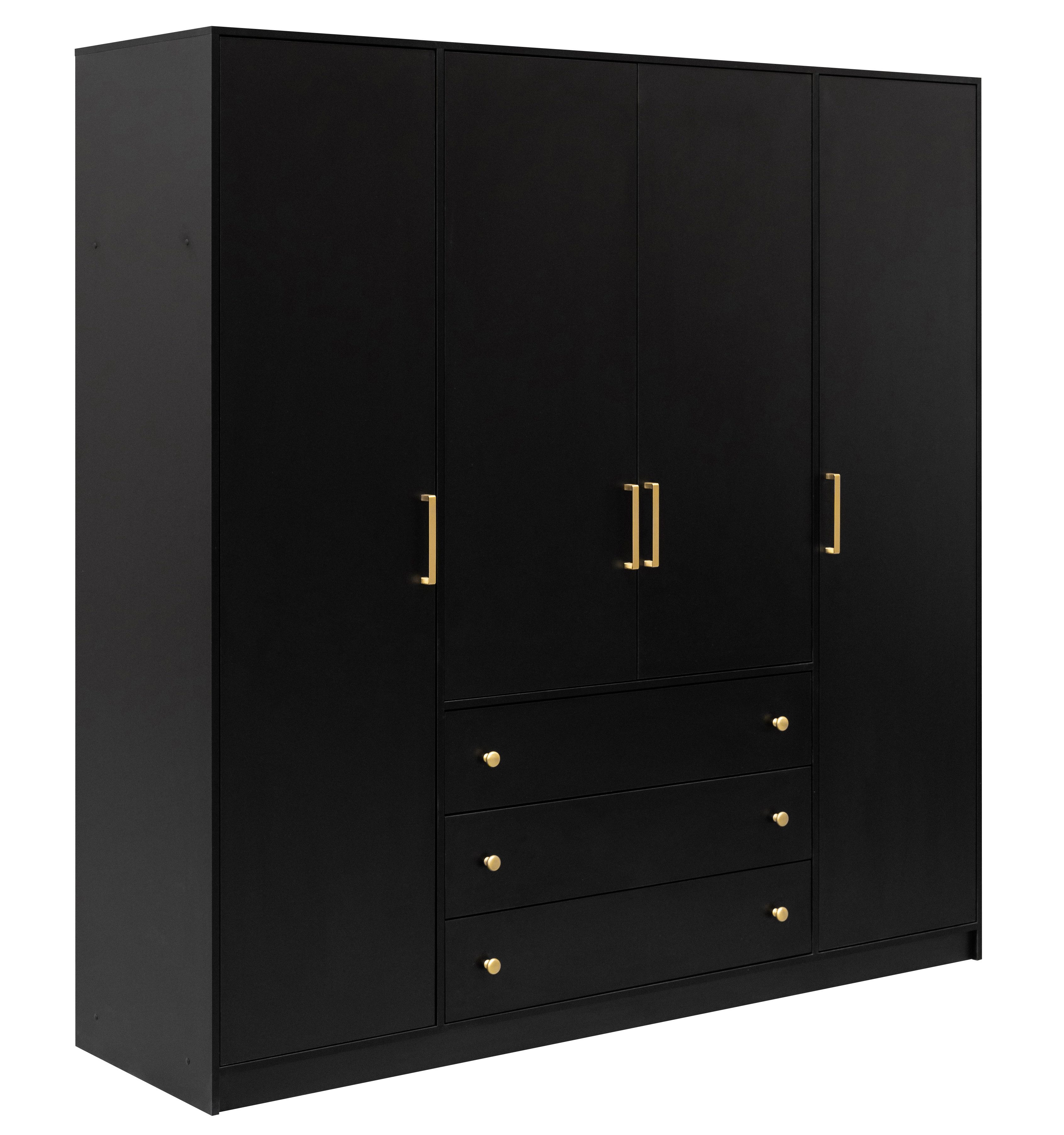 Compleo Kleiderschrank mit 3 Schubladen RETRO D4 Gold Griffe, Modern design viertürig