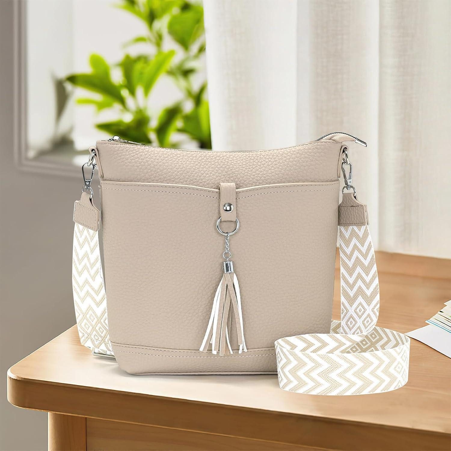 LuxusKollektion Umhängetasche Umhängetasche Damen mittelgroß schwarz veganes Leder Beigegrau