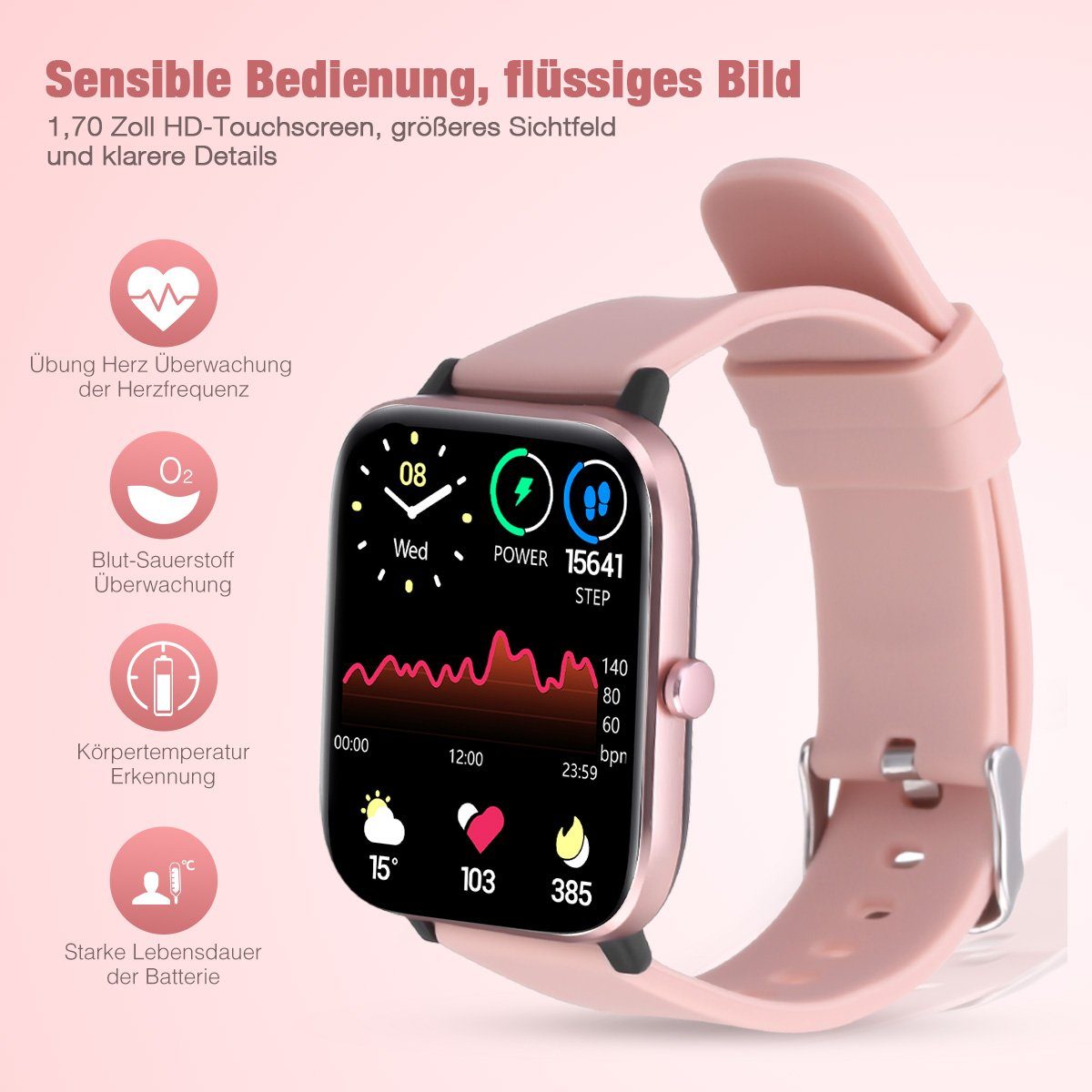 für Damen IP67 mit mit Bluetooth mit Telefonfunktion/WhatsApp SmartWatch Screen 1.7" Smartwatch ombar Uhren Herren Anrufe, Wasserdicht,1.70" Uhr Zoll) Fitnessuhr Rosa Touchscreen HD cm/1.7 Tracker Voll iOS/Android Blutsauerstoff/Pulsmesser/Sportuhr/Schrittzähler/Schlafmonitor usw Touch Fitness Notiz,Smartwatch Voll Watch Tracker Aktivitätstracker (Fitnessuhr