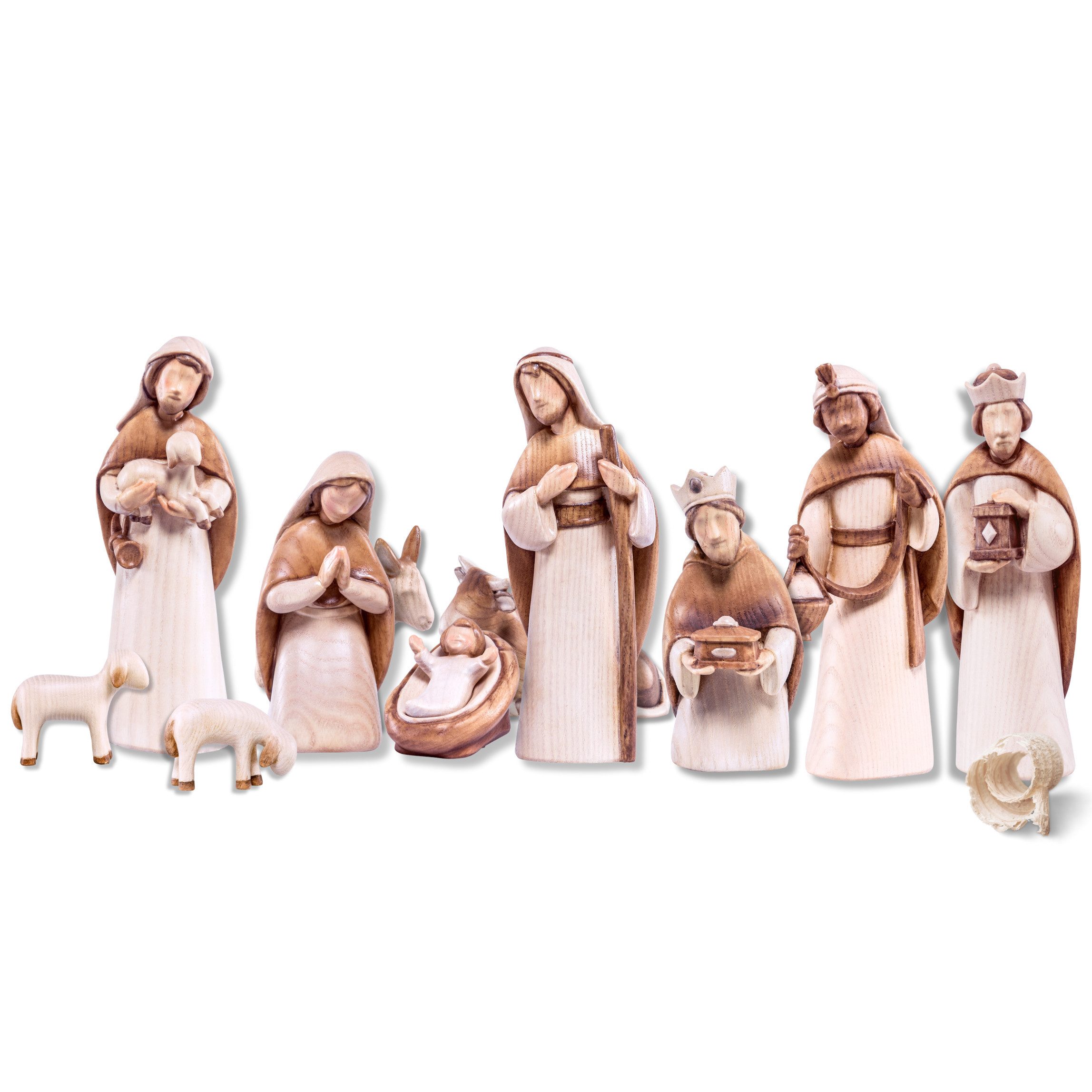 Akantus Krippe Moderne Krippenfiguren aus Holz: 11-teiliges Set (gebeizt), holzgeschnitzt, handbemalt, Ahornholz, Made in Südtirol