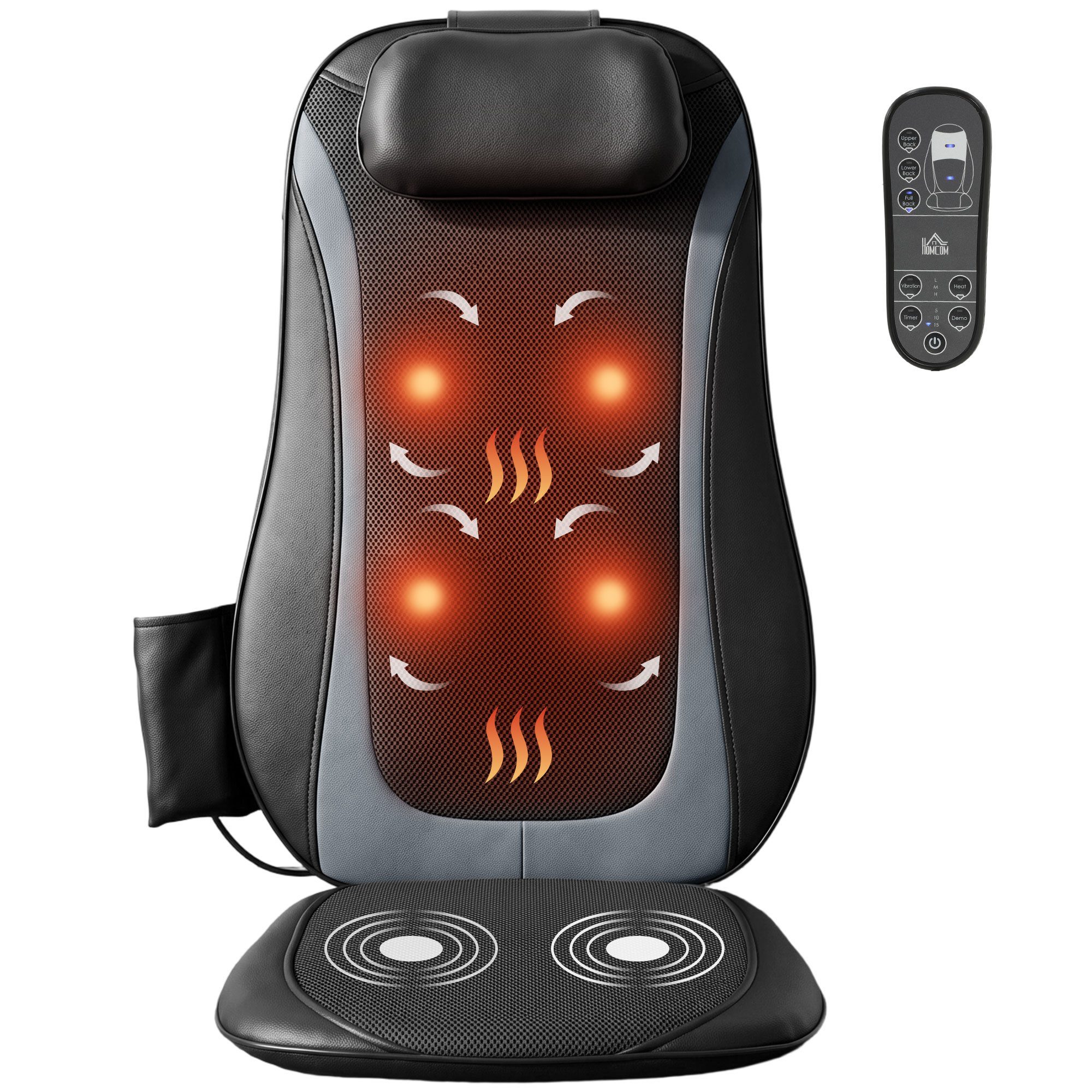 HOMCOM Shiatsu-Massagesitzauflage Massagesitzauflage Shiatsu mit Wärme, Tiefenmassage, Set 1-tlg., 1 x Massagegerät, 1 x Adapter, 1 x Auto-Adapter, Anleitung, Shiatsu-Rückenmassager mit Wärme und Vibrationsfunktion